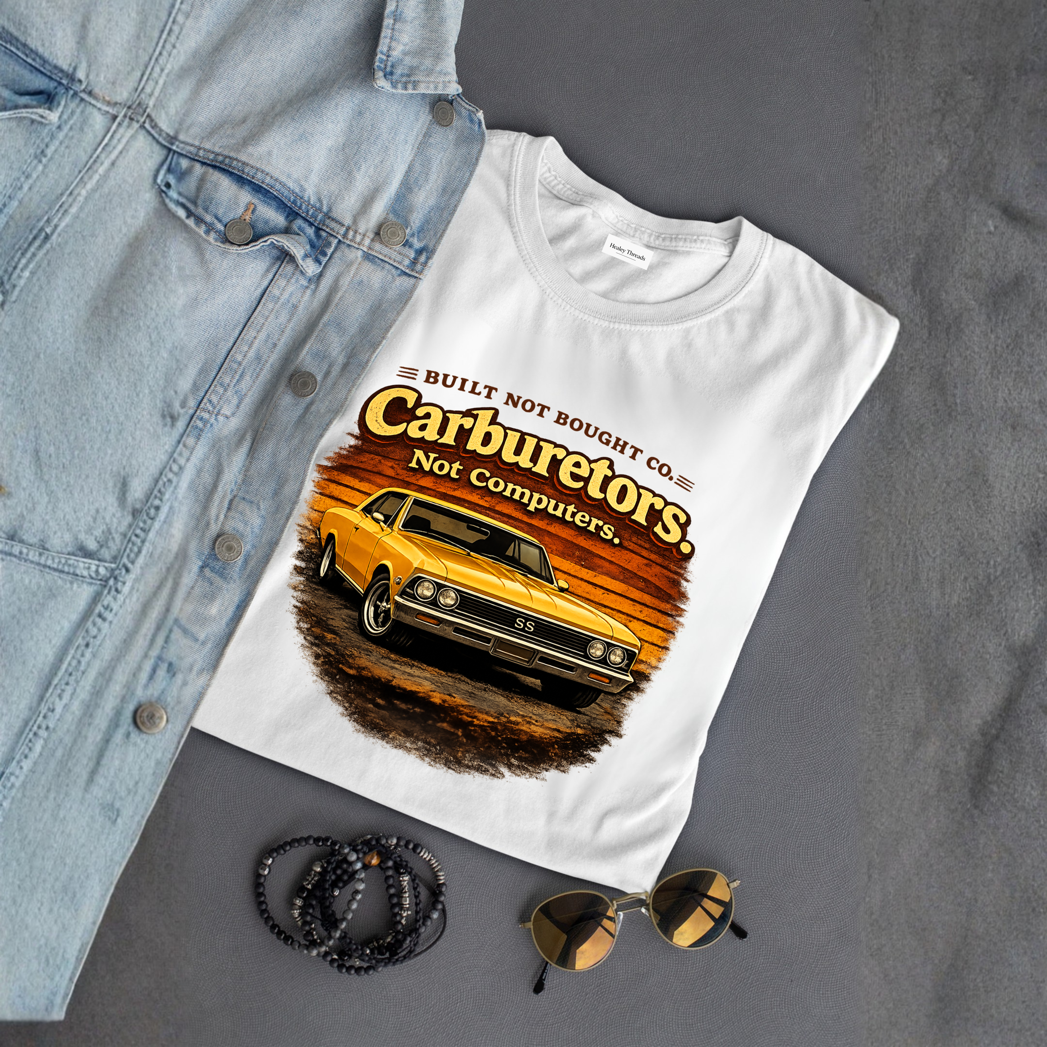 White t-shirt with car graphic and text, denim jacket, sunglasses, and bracelets on a gray surface