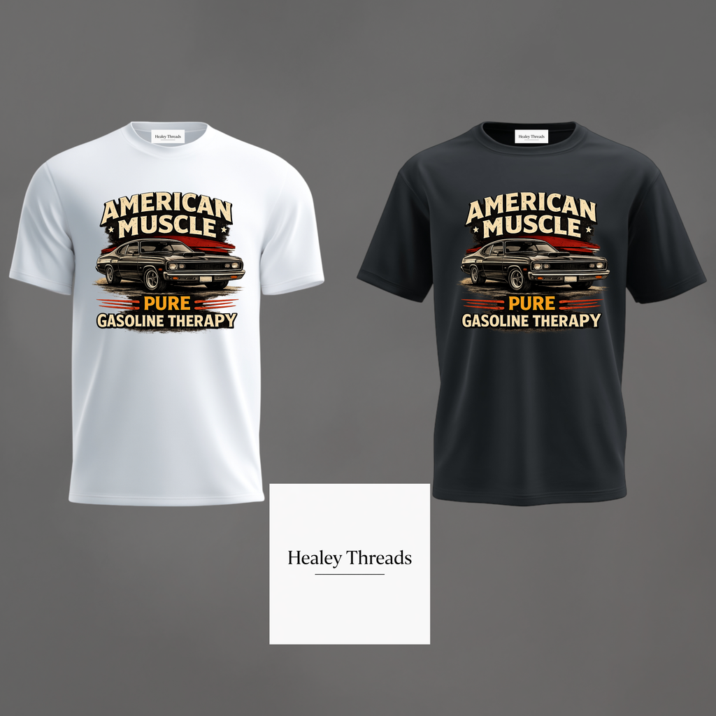 Two t-shirts with 'American Muscle' graphic design on a gray background, featuring the brand 'Healey Threads'.