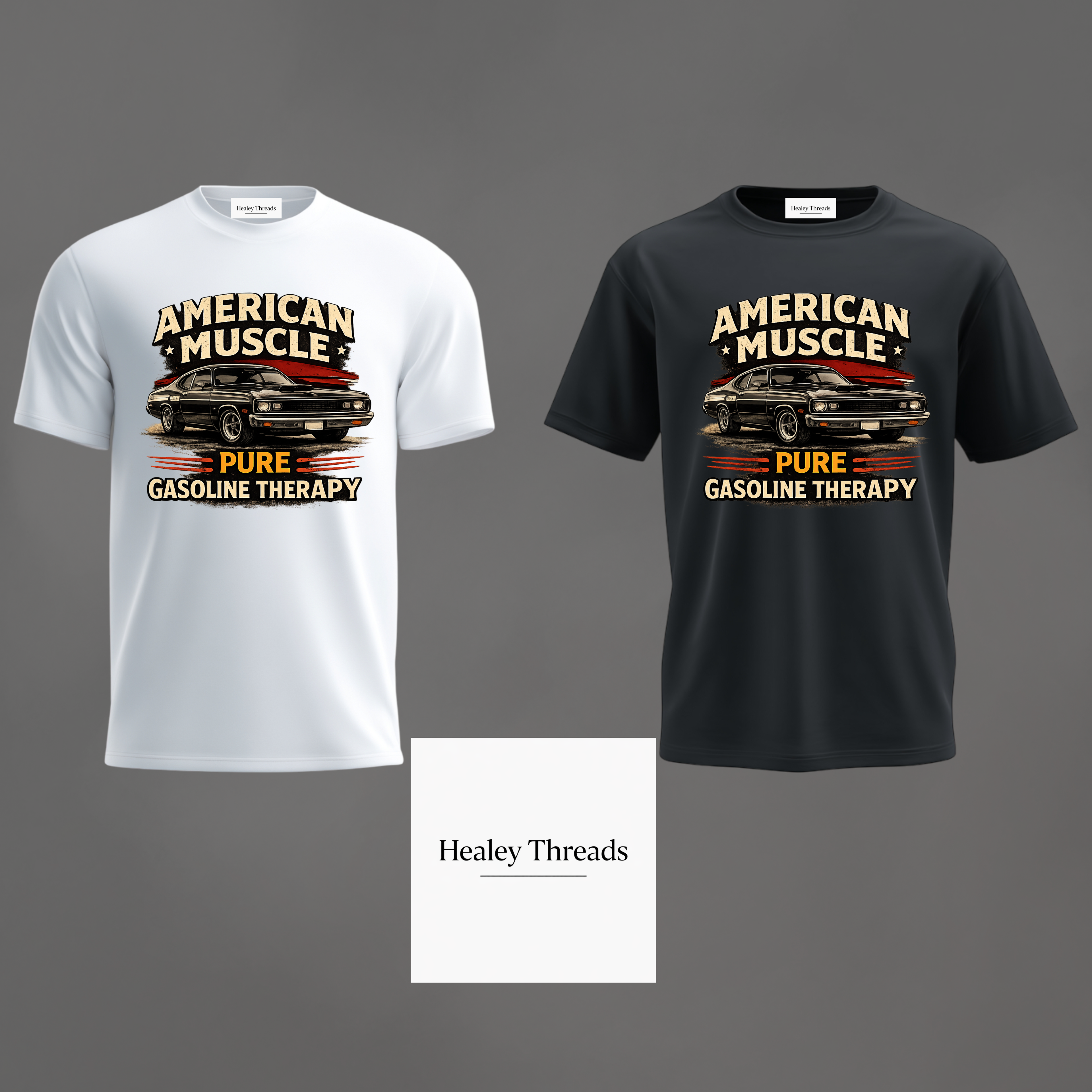 Two t-shirts with 'American Muscle' graphic design on a gray background, featuring the brand 'Healey Threads'.