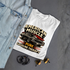 White t-shirt with 'American Muscle' graphic design on a gray surface with denim jacket, sunglasses, and bracelets.