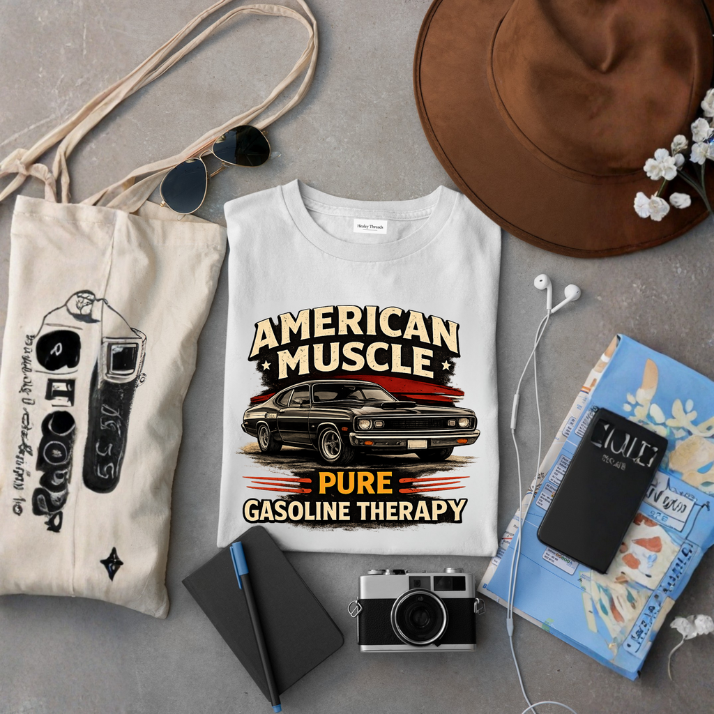 White t-shirt with 'American Muscle' graphic design on a gray surface with accessories.