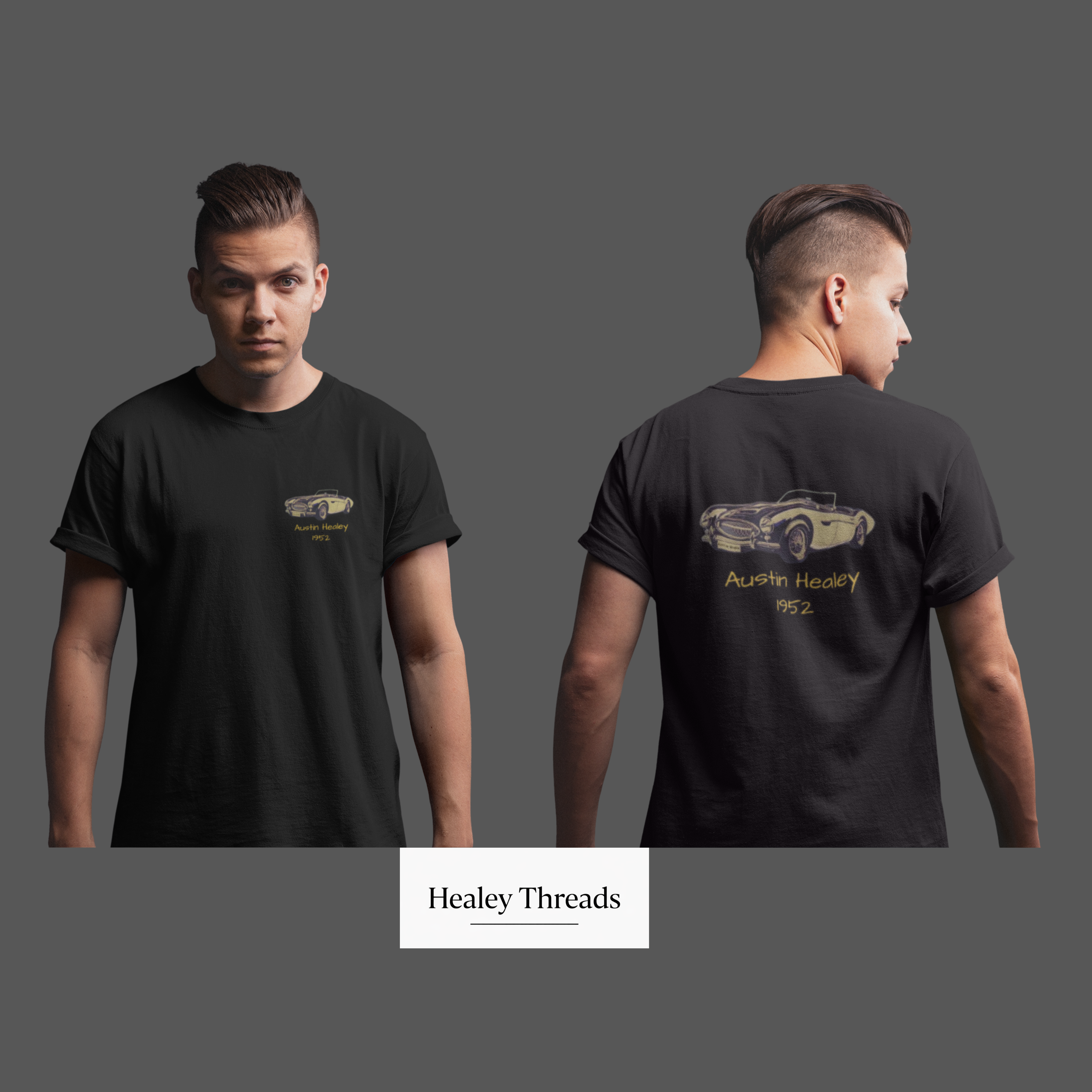 Guy wearing a black t-shirt with 'Austin Healey' design on front and back, Healey Threads branding visible.