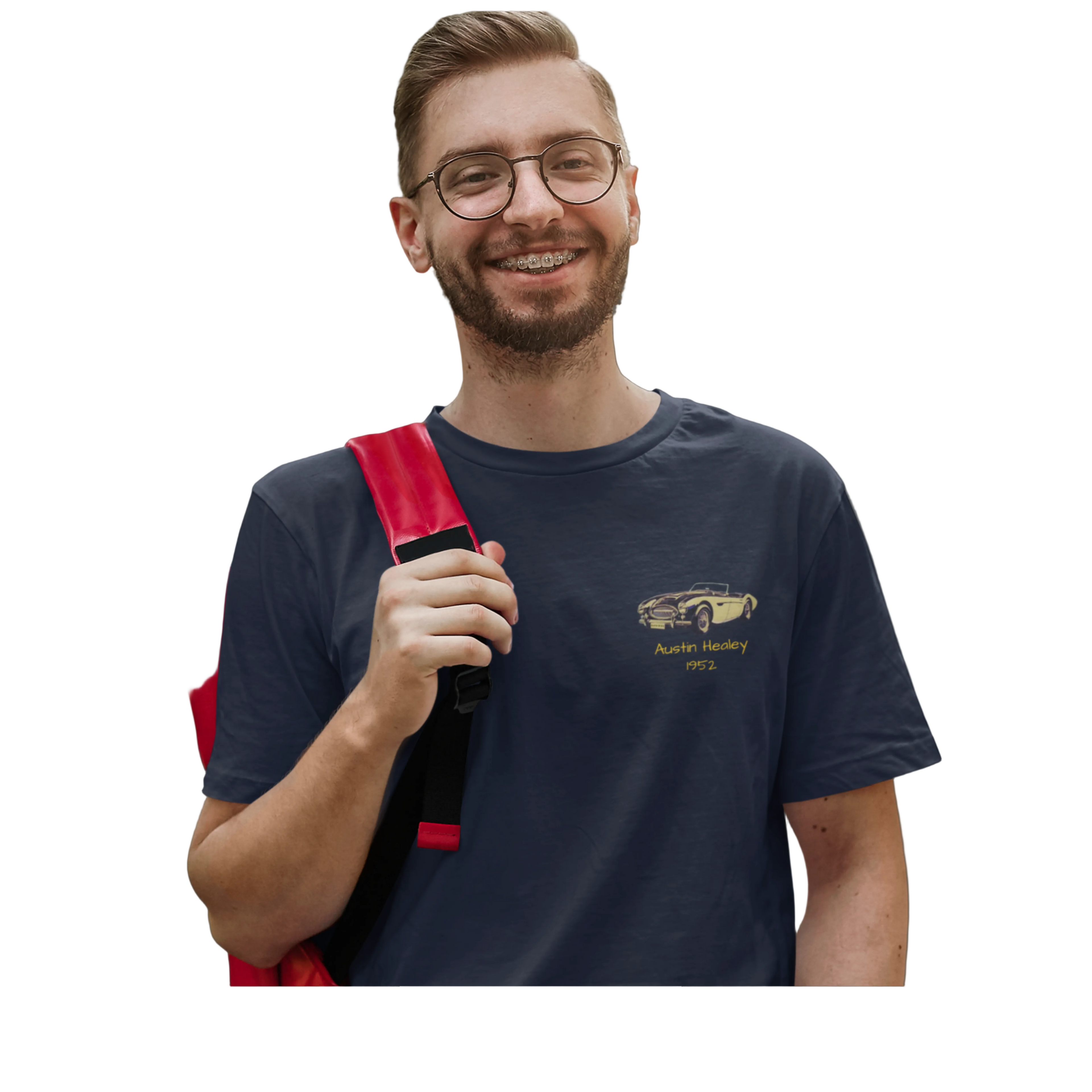 Man wearing a navy blue t-shirt with a logo, holding a red bag, on a white background with 'Healey Threads' branding.