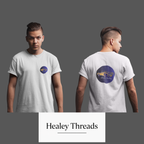 Guy wearing a white t-shirt with a logo on the front and back, branded 'Healey Threads'.