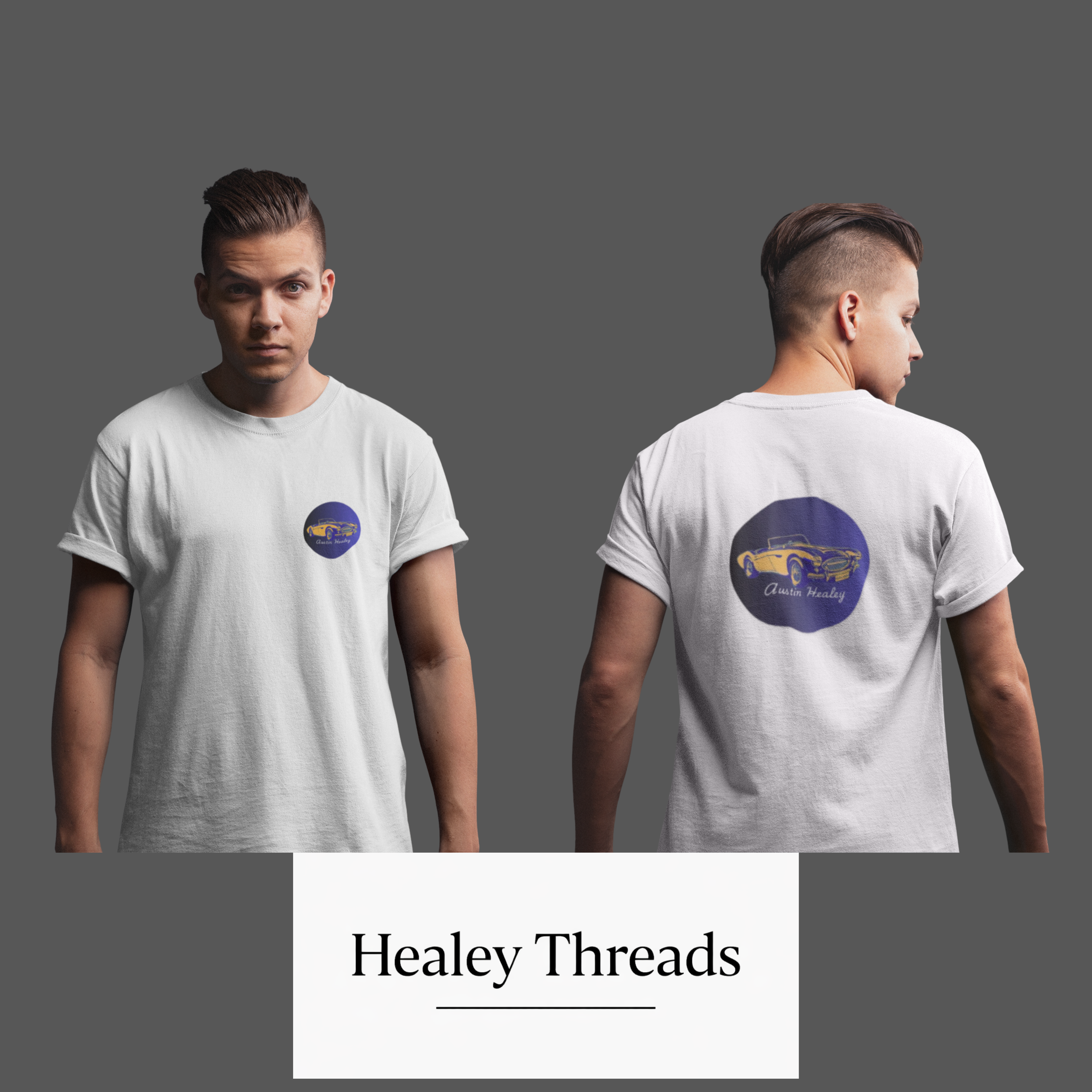 Guy wearing a white t-shirt with a logo on the front and back, branded 'Healey Threads'.