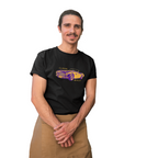 Man wearing a black t-shirt with a graphic design on a white background