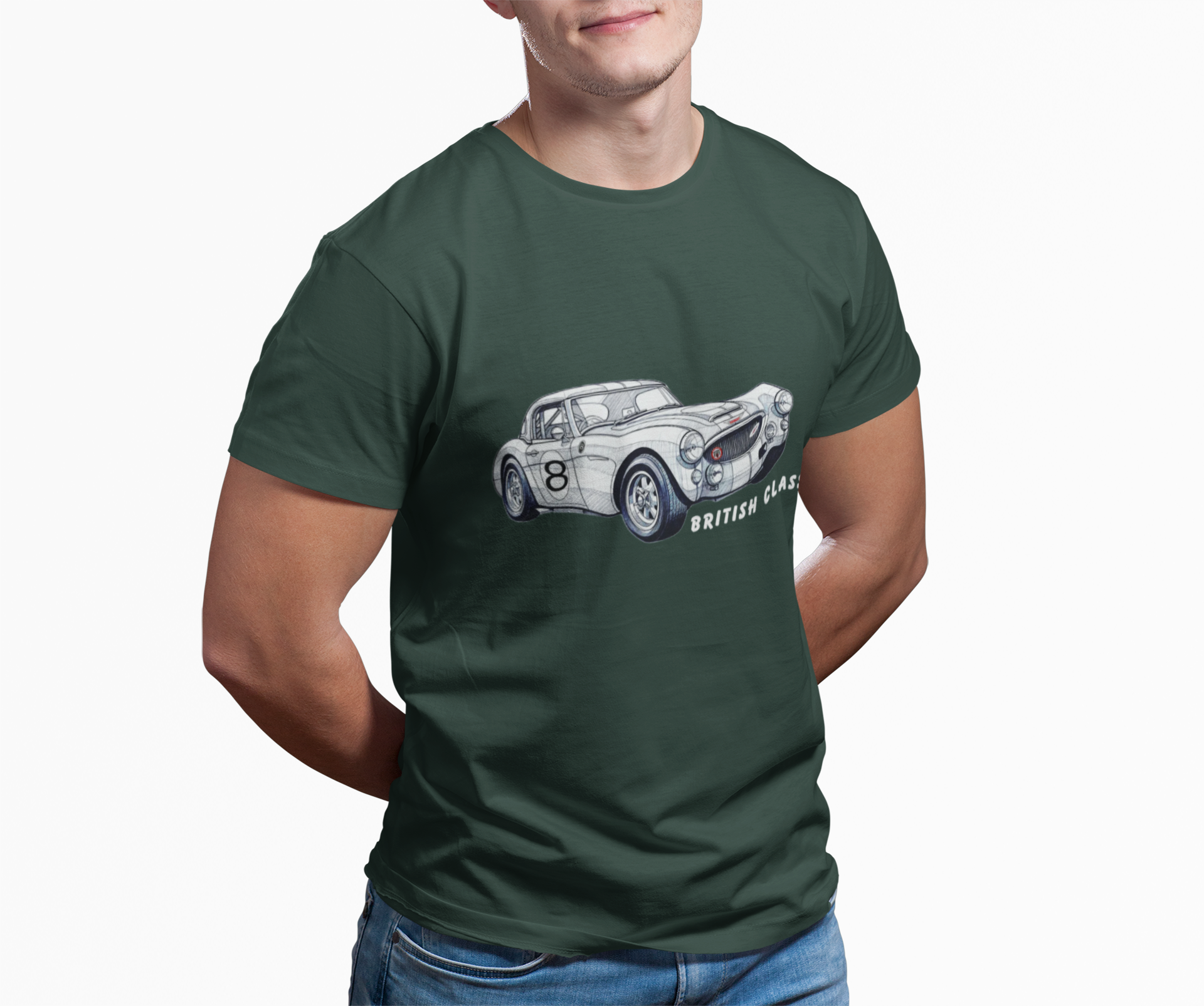 Man wearing a forest green t-shirt with a car graphic and 'British Racing' text on a white background