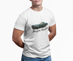 Person wearing a white t-shirt with an Austin Healey car design on a white background