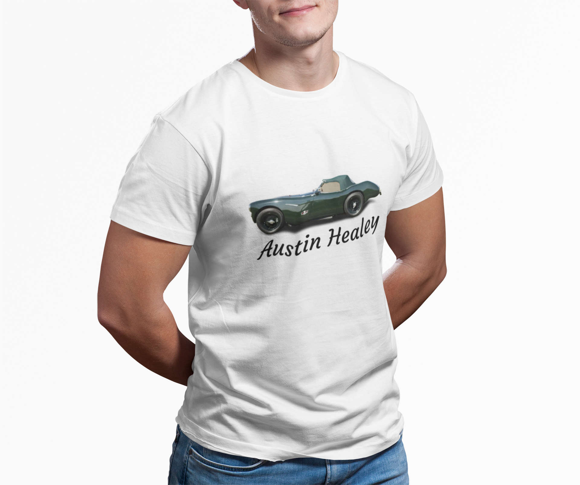 Person wearing a white t-shirt with an Austin Healey car design on a white background