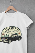 White t-shirt with Austin Healey graphic on a hanger against a gray background