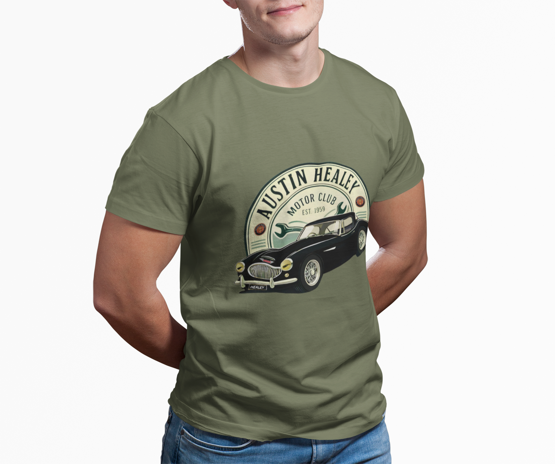 Person wearing a green t-shirt with an Austin Healey logo on a white background