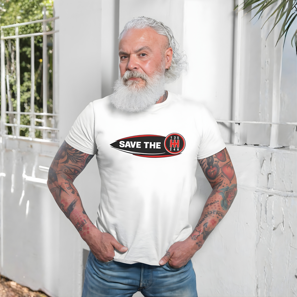 Bearded man wearing a white t-shirt with 'Save the stick shift' graphic design on a white background