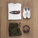  A white t-shirt with 'Save the stick shift' graphic design mockup with pants,shoes and headphones displayed.