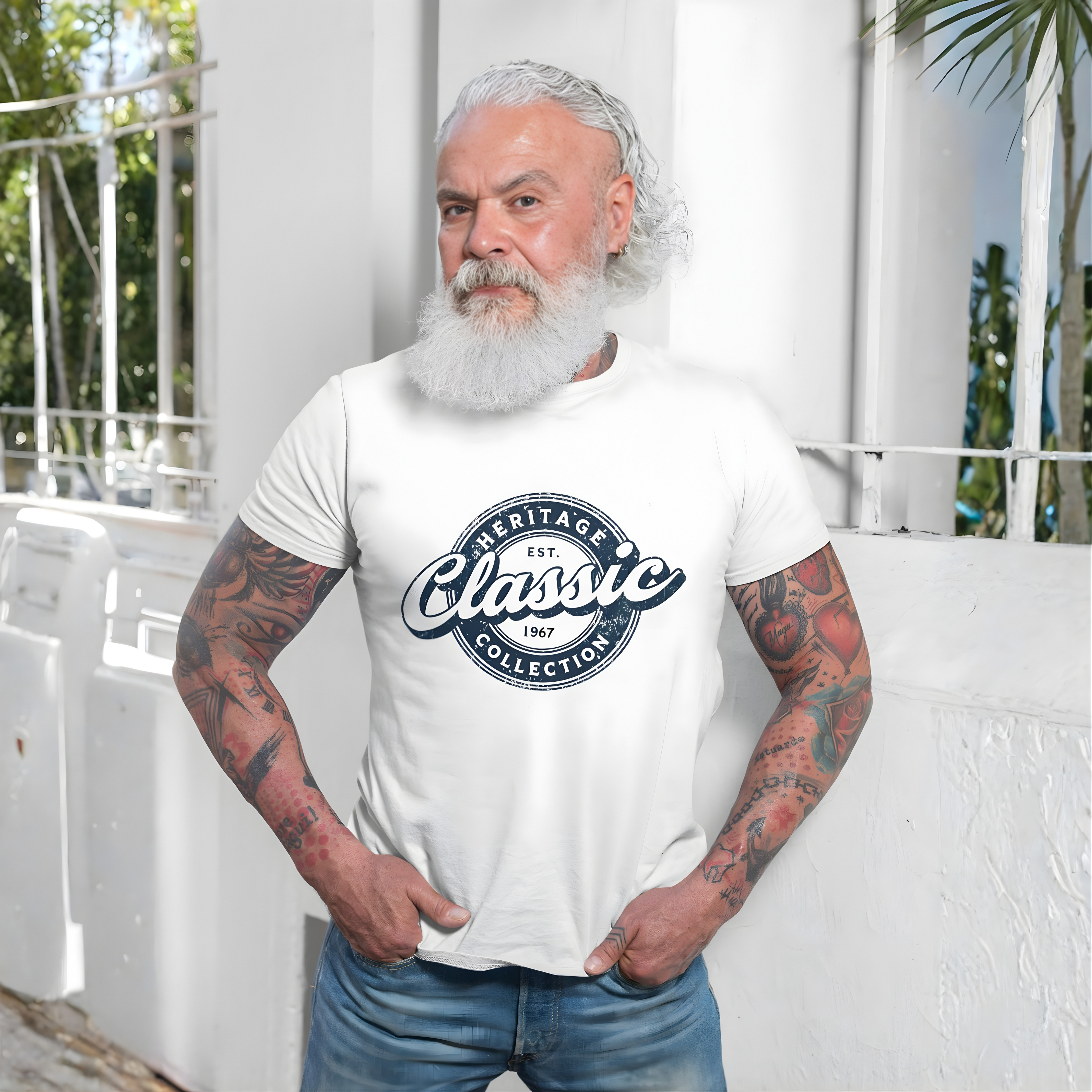 Man wearing a white t-shirt with 'Heritage Classic Collection' logo, standing outdoors.