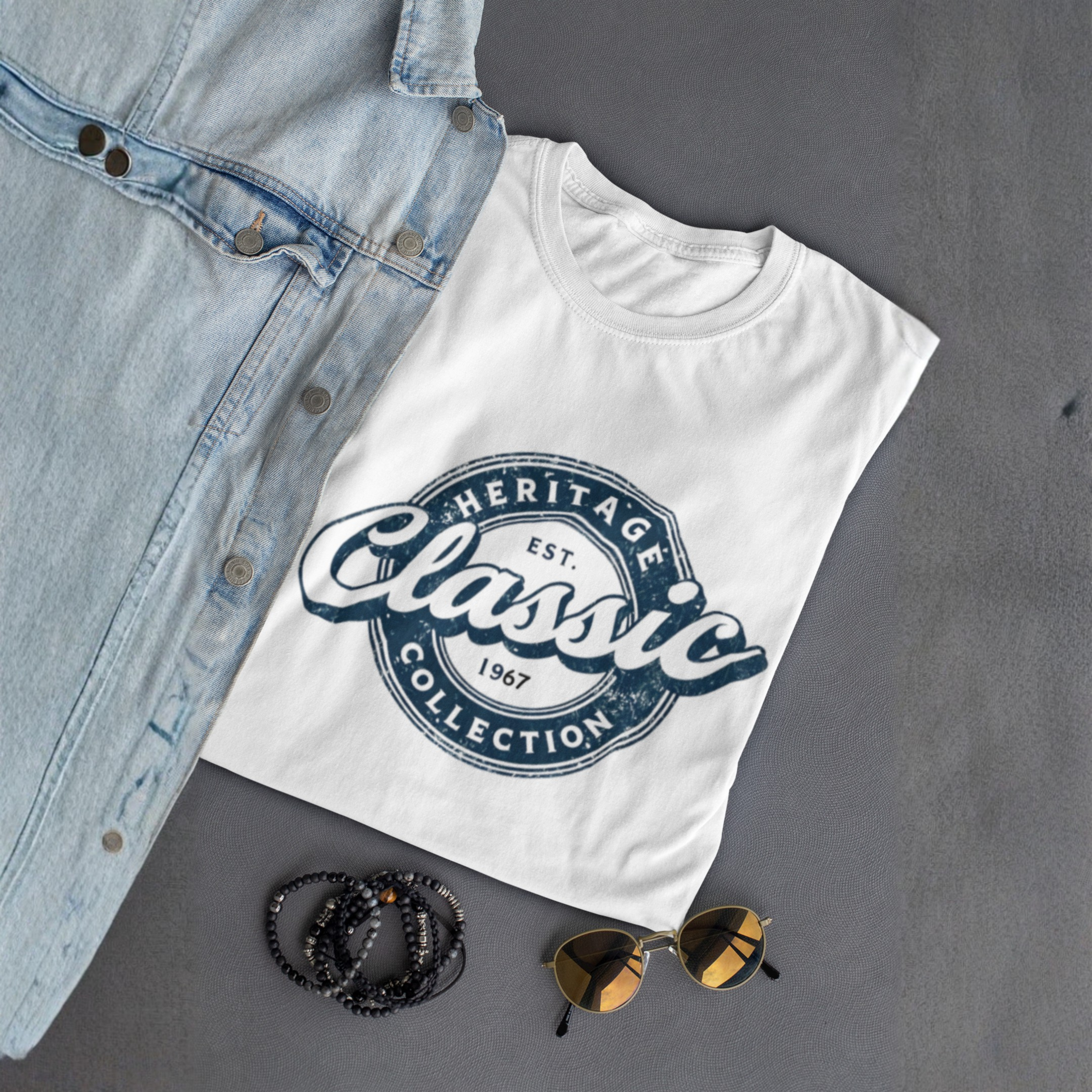 White t-shirt with 'Heritage Classic' design, denim jacket, sunglasses, and bracelets on a gray surface