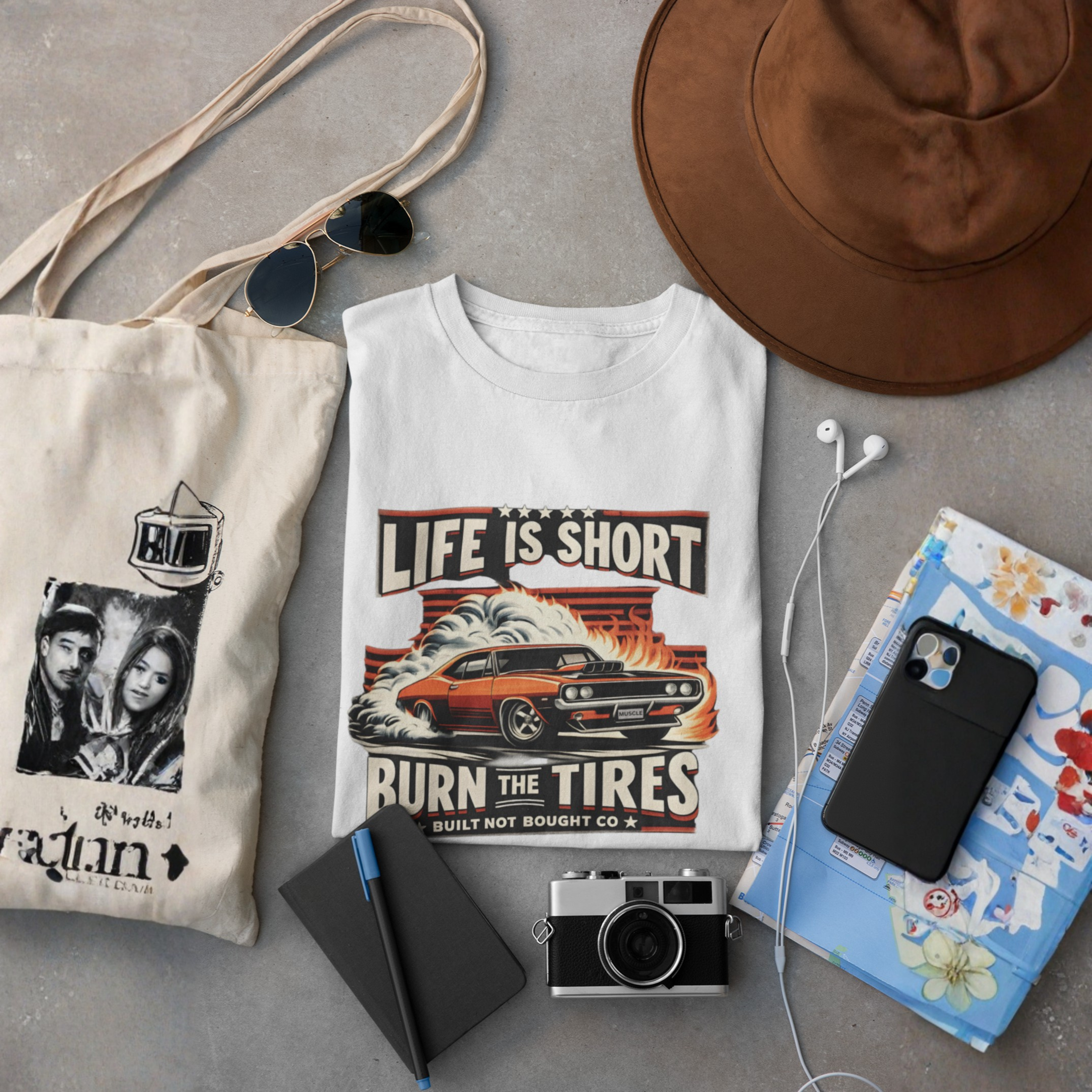 White t-shirt with graphic design, beige tote bag, brown hat, phone, camera, and notebook on a gray surface
