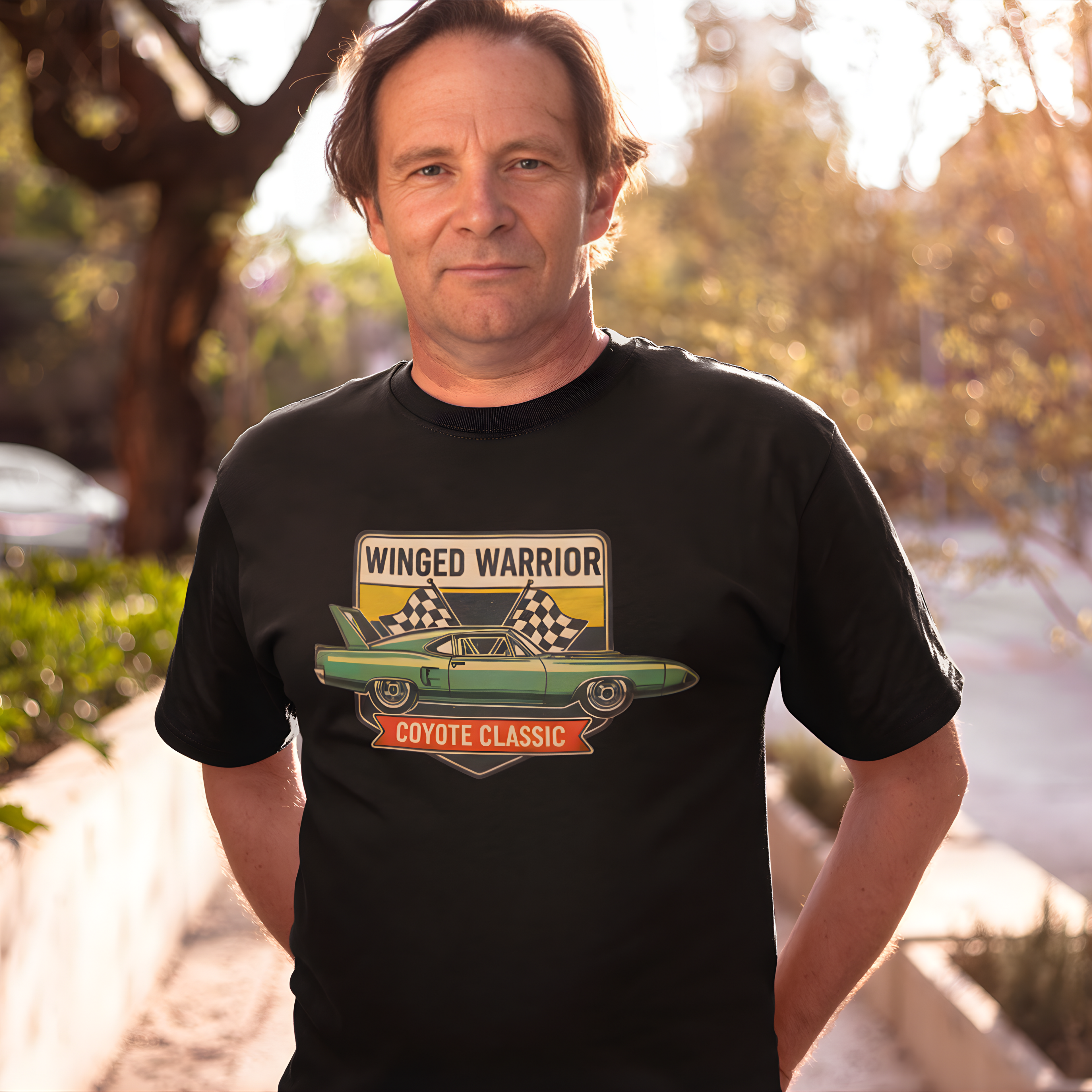 Man wearing a black t-shirt with a graphic design of a car and text outdoors.