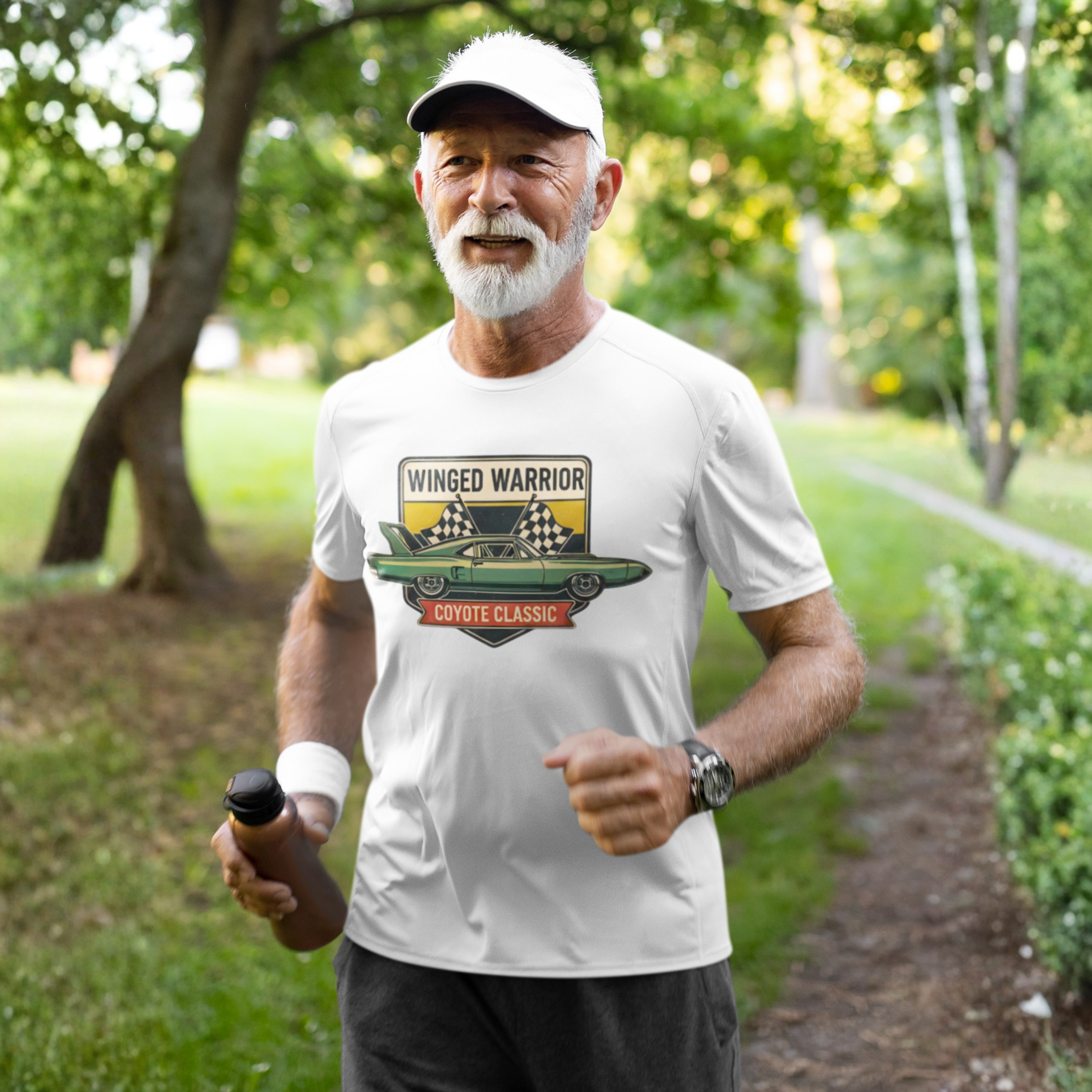 Man running outdoors wearing a white t-shirt with a graphic design.