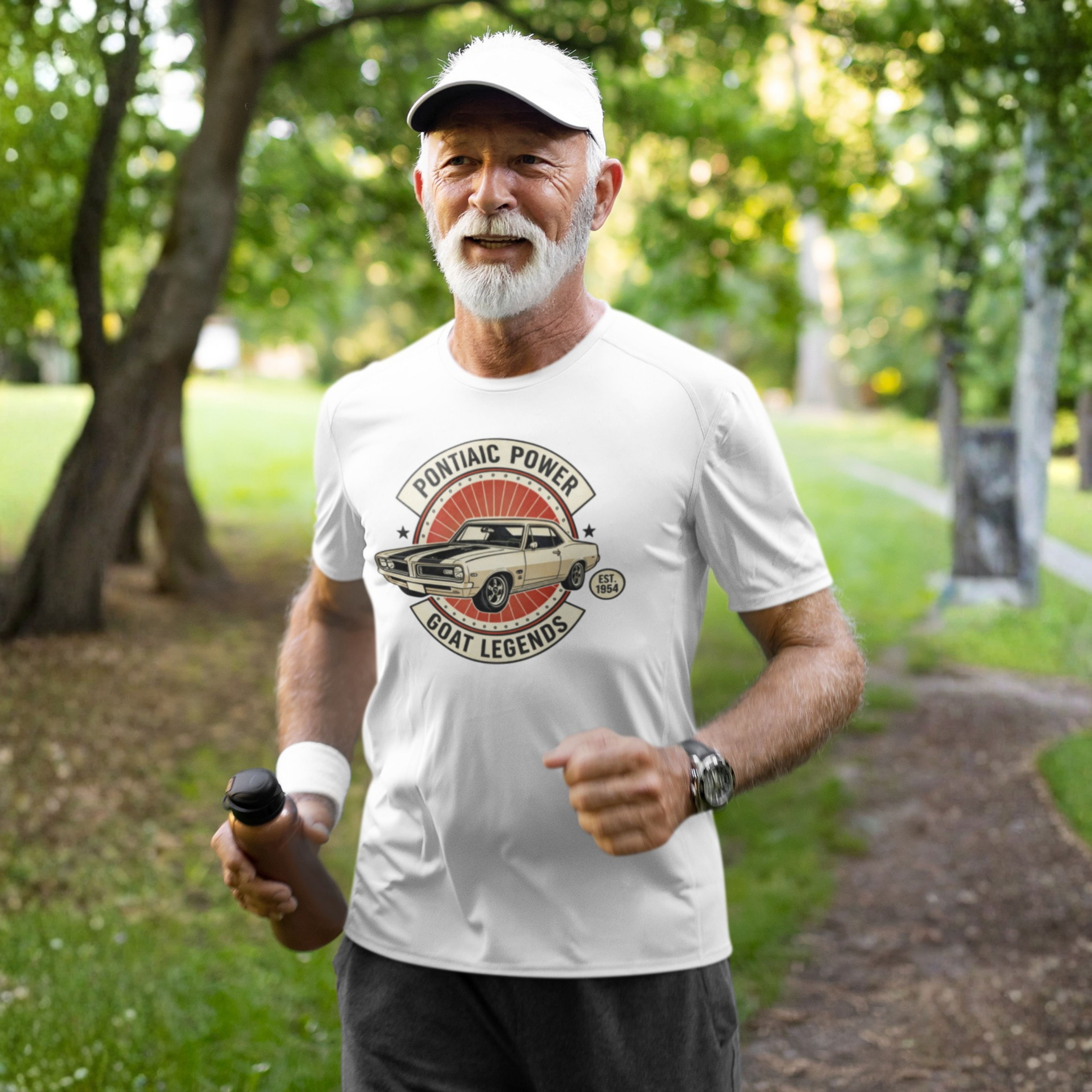Man running outdoors wearing a white t-shirt with a graphic design.