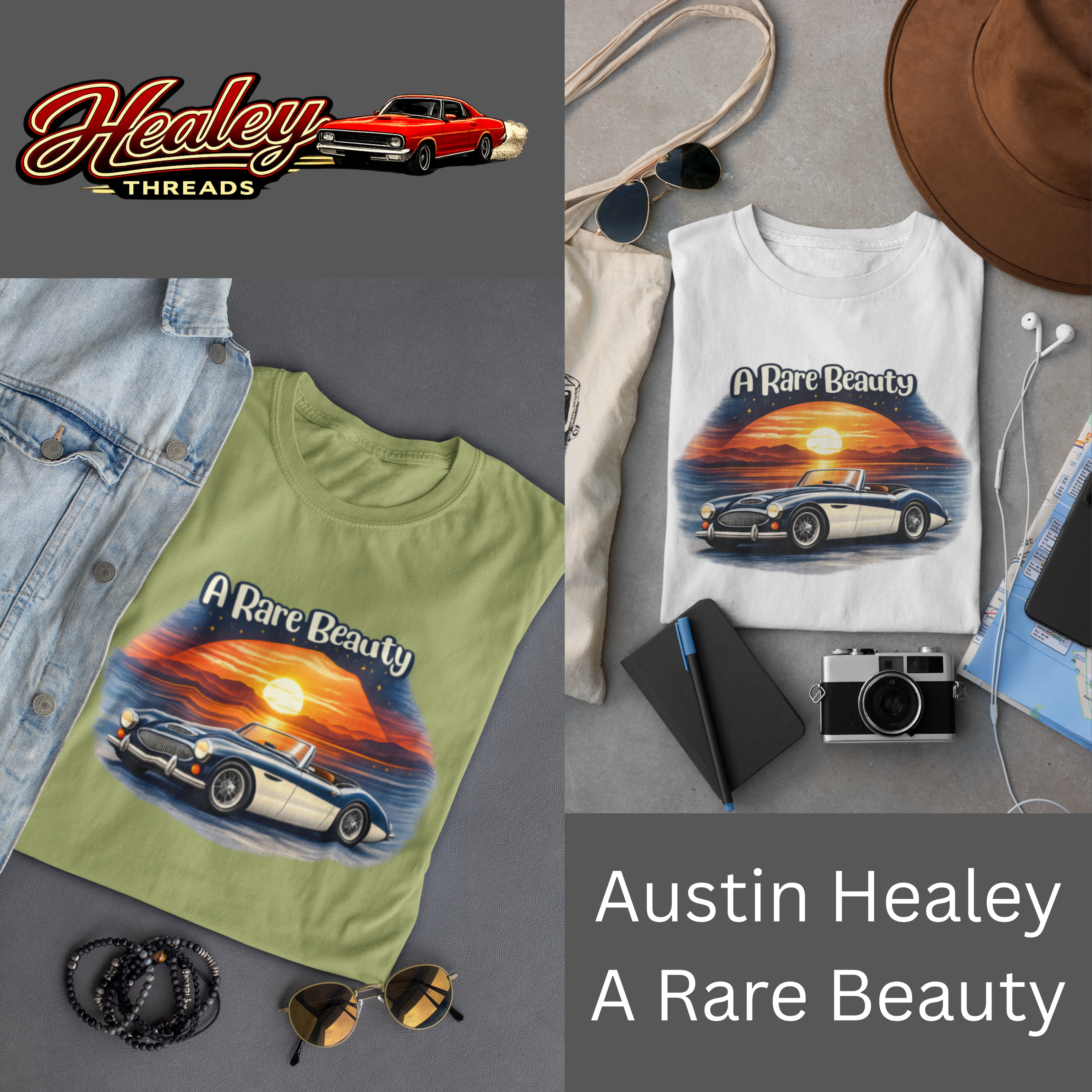 T-shirts with 'A Rare Beauty' design featuring an Austin Healy car, surrounded by casual clothing and accessories.