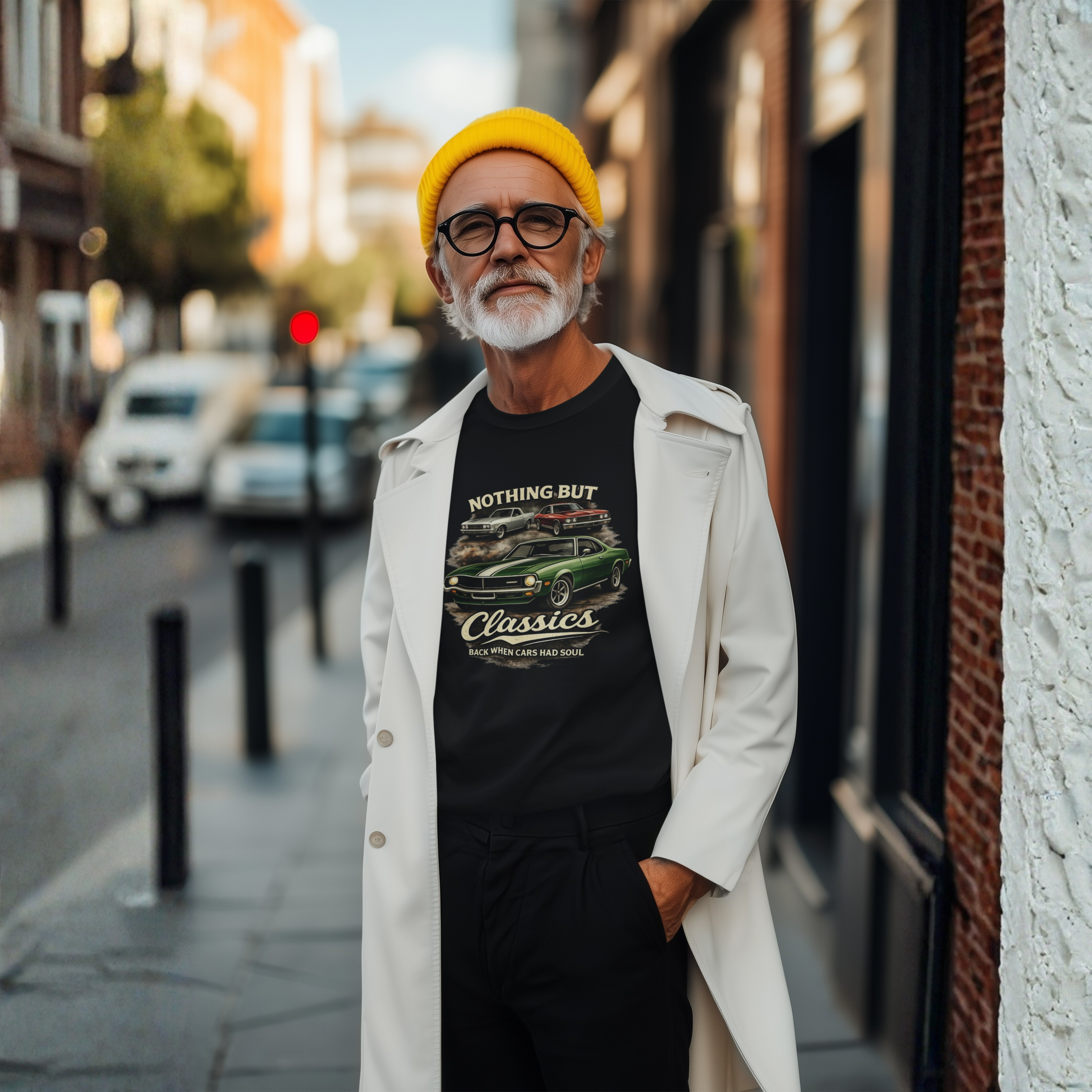 Man wearing a black t-shirt with text and graphics, standing on a city street.