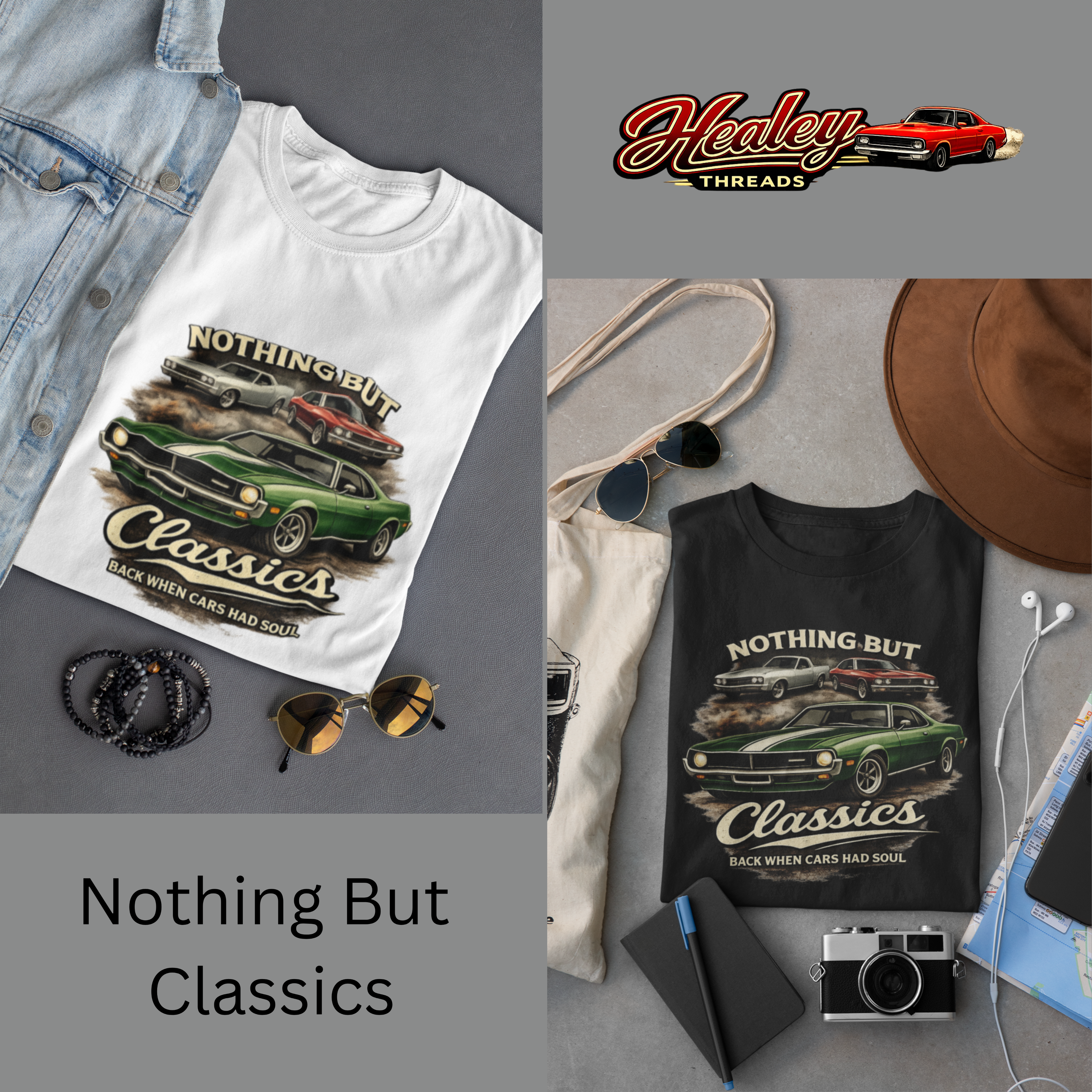 Black and white t-shirt mockups with classic car graphic and text on a gray background