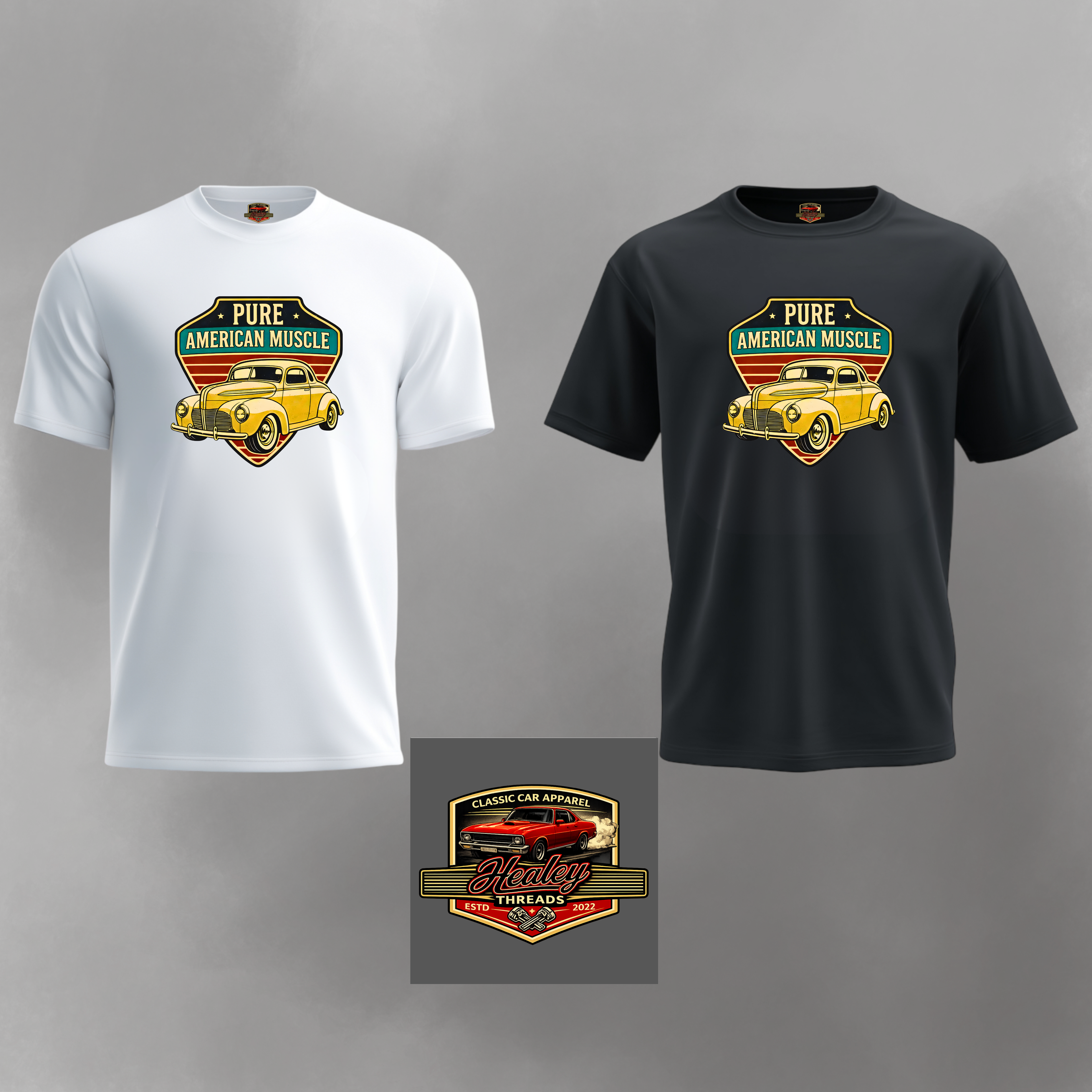 Front views of a black and white t-shirts with a vintage car graphic and 'Pure American Muscle' text.