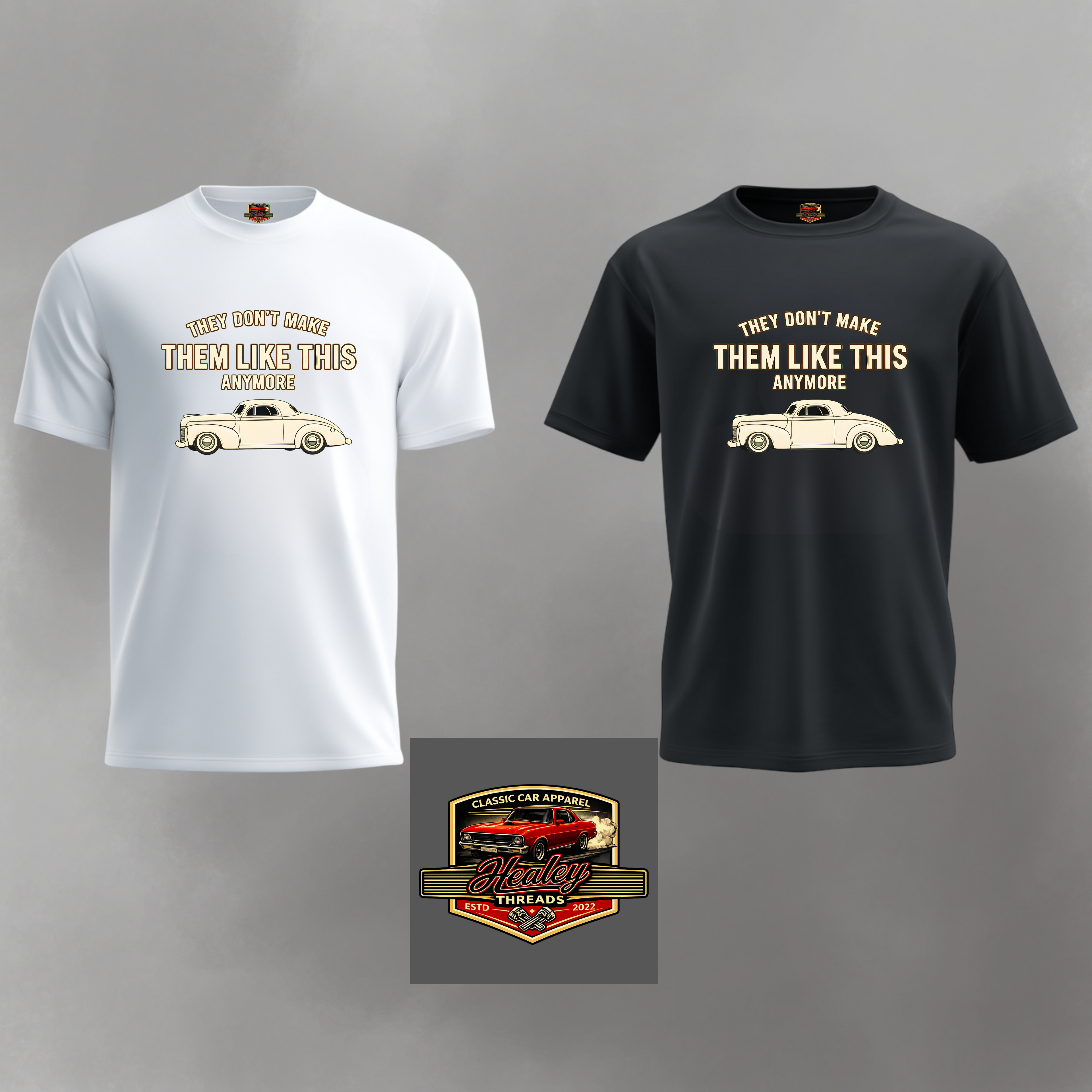 Two t-shirts with vintage car graphic and text on a gray background, featuring a brand logo.