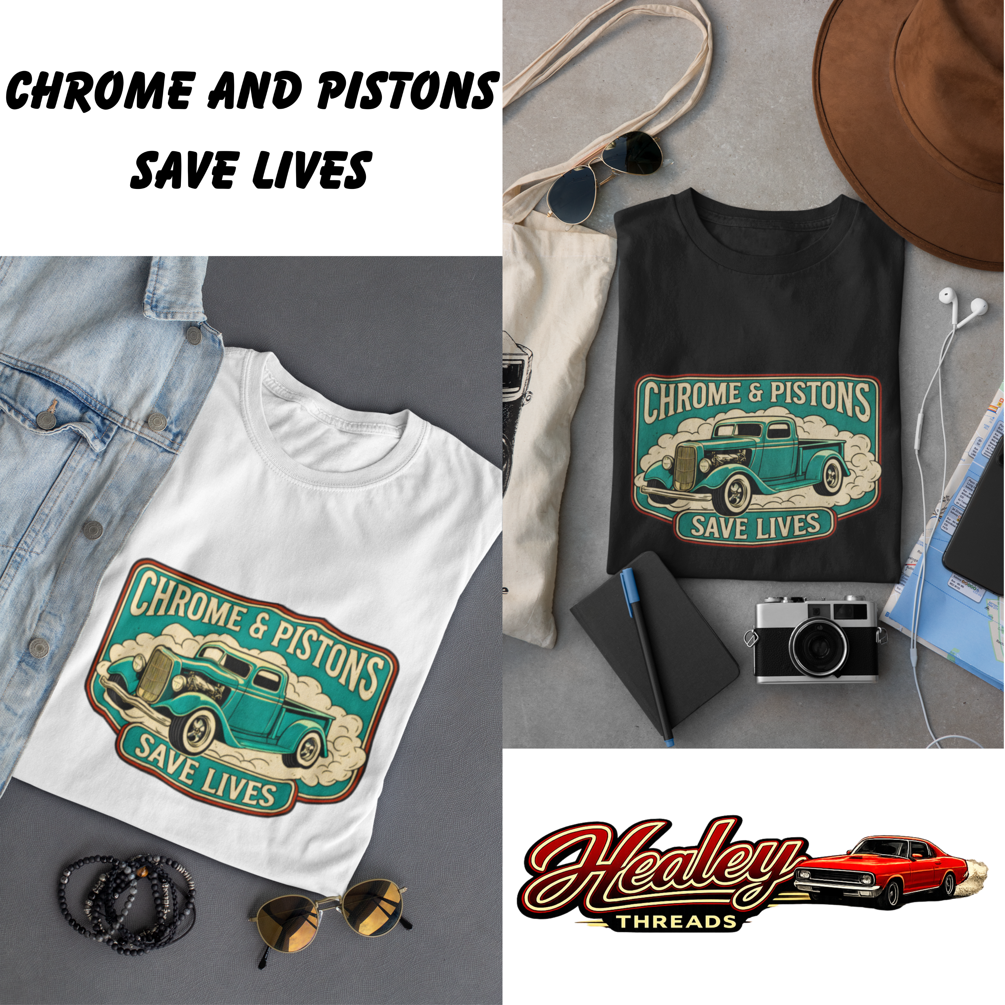 Chrome and Pistons T-Shirt – Vintage Hot Rod Graphic Tee