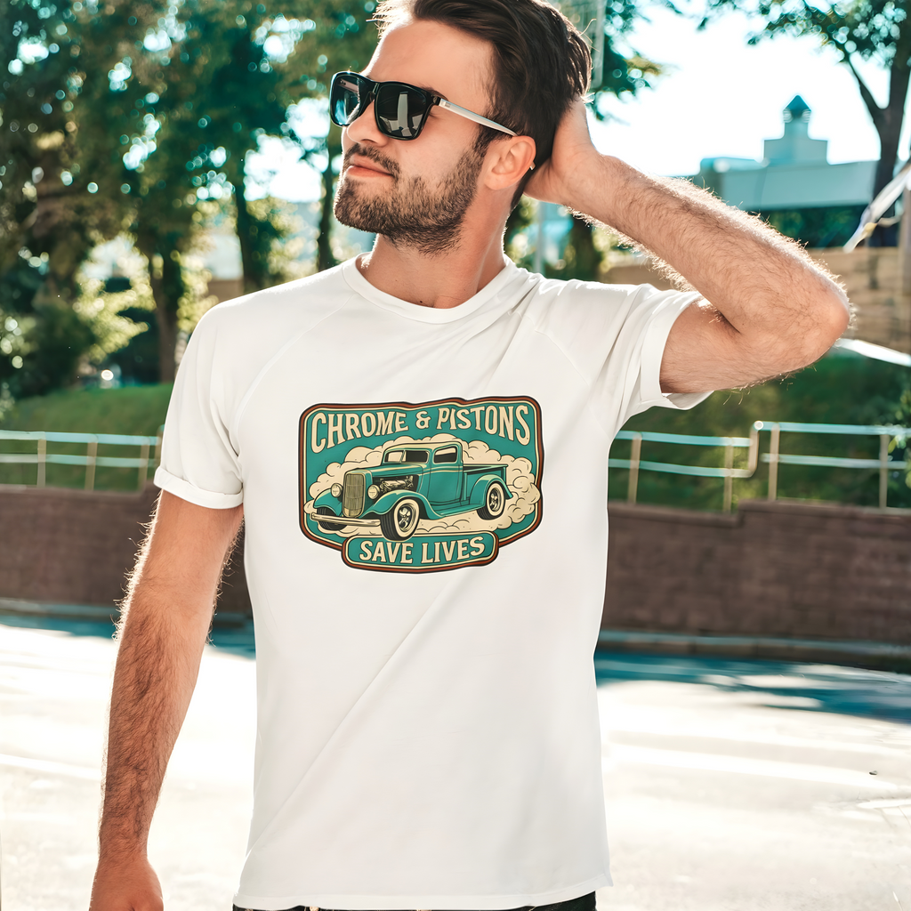 Chrome and Pistons T-Shirt – Vintage Hot Rod Graphic Tee