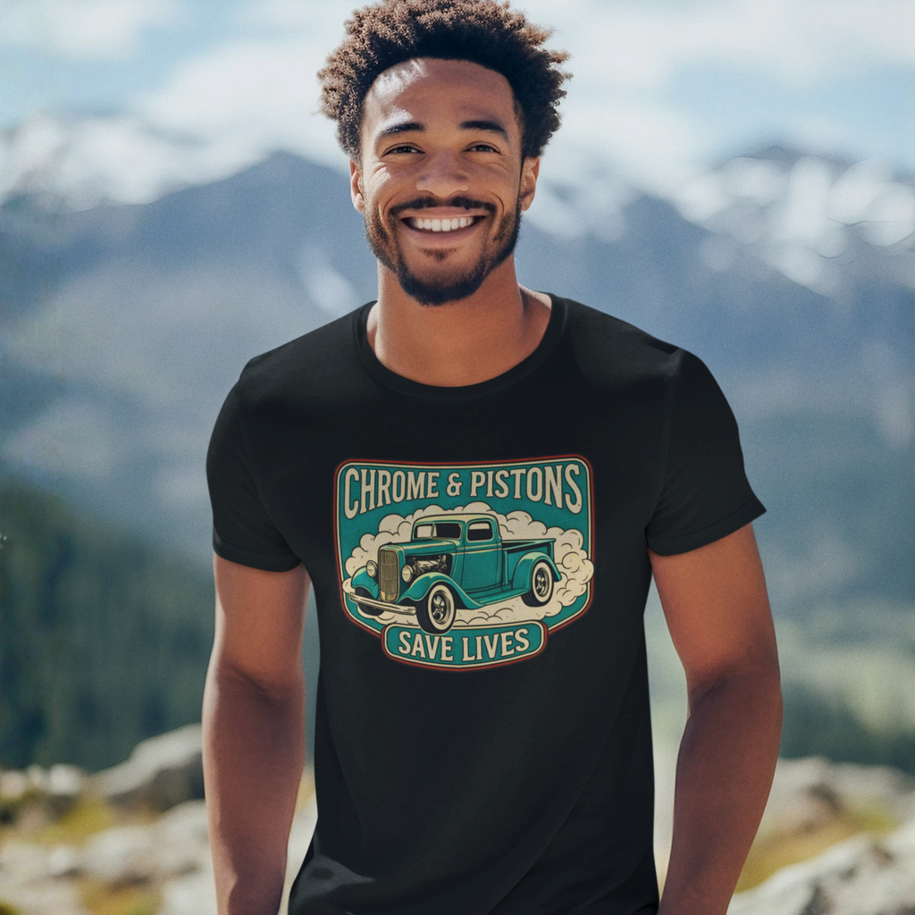 Chrome and Pistons T-Shirt – Vintage Hot Rod Graphic Tee
