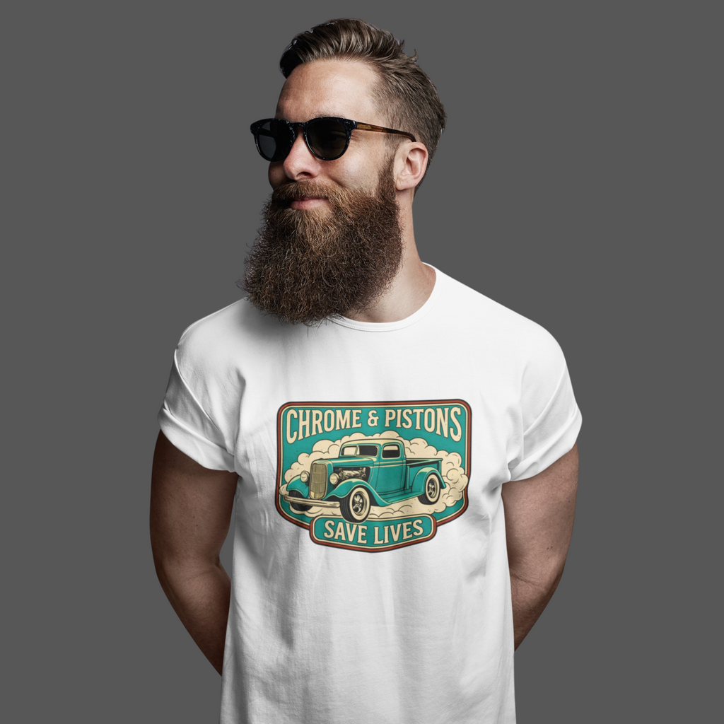 Chrome and Pistons T-Shirt – Vintage Hot Rod Graphic Tee