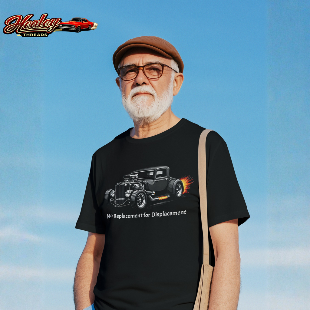 Man wearing a black t-shirt with a vintage hot rod graphic against a blue sky.