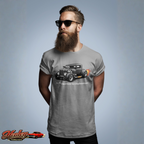 Man wearing a gray t-shirt with a classic hot rod graphic on a gray background