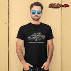 Man wearing a black t-shirt with a hot rod graphic and text, standing against a beige wall with 'Healey Threads' logo.