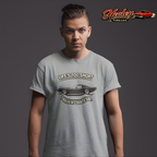 Man wearing a gray t-shirt with a vintage vette graphic and text, Healey Threads logo in the corner.