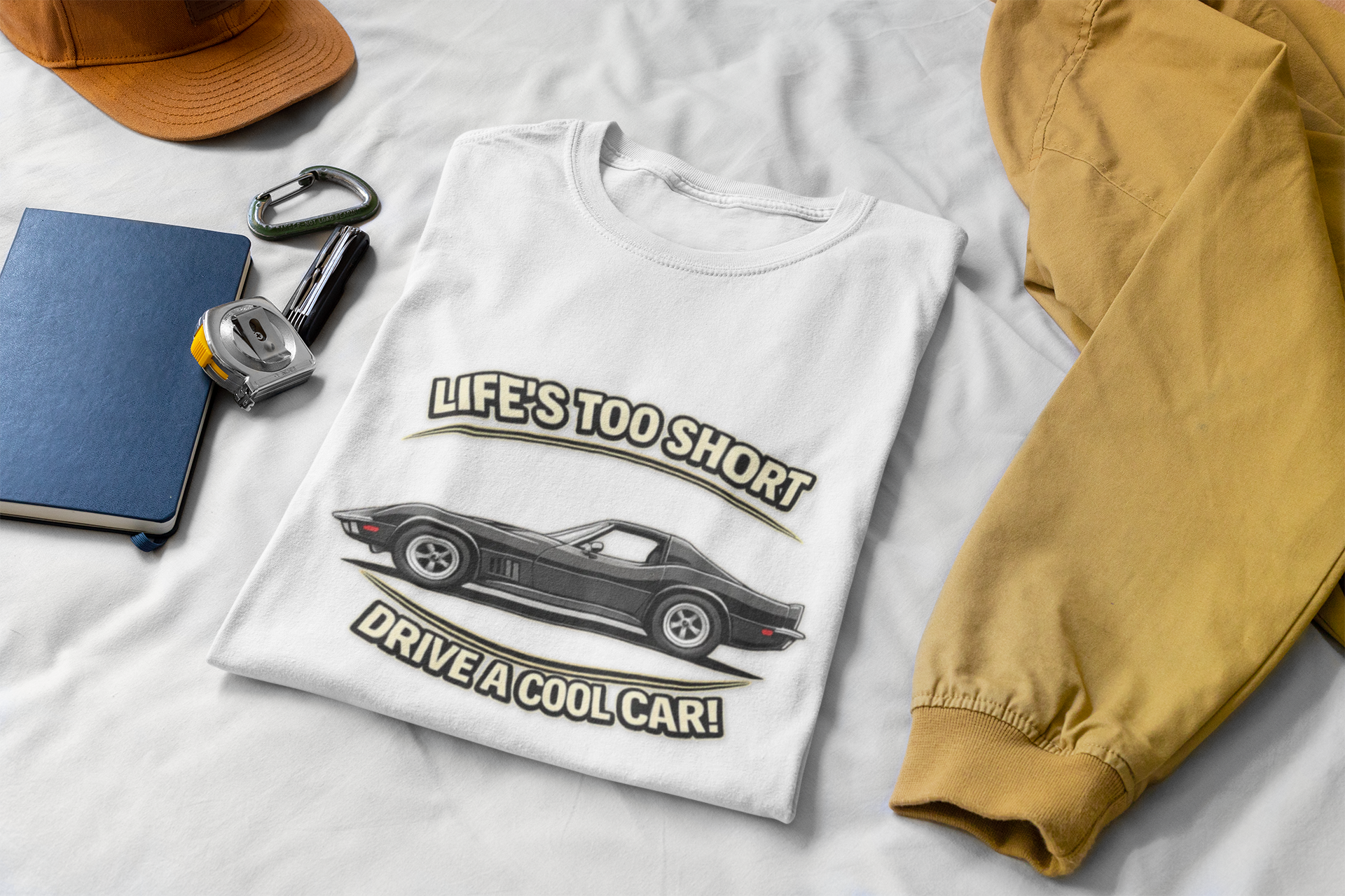 White t-shirt with vintage vette graphic and text on a white surface with accessories.
