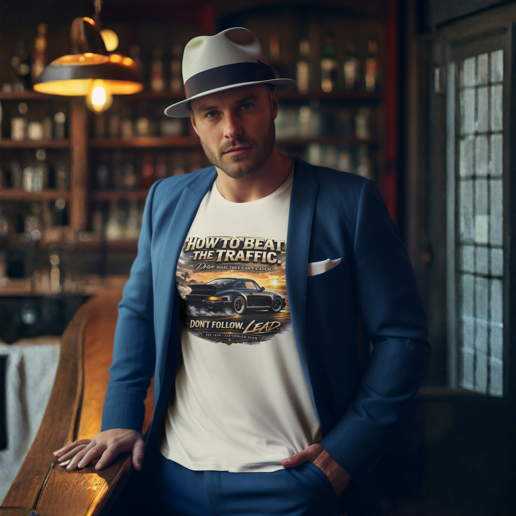 Man wearing a white t-shirt with a classic car graphic design and text, standing in a bar setting.