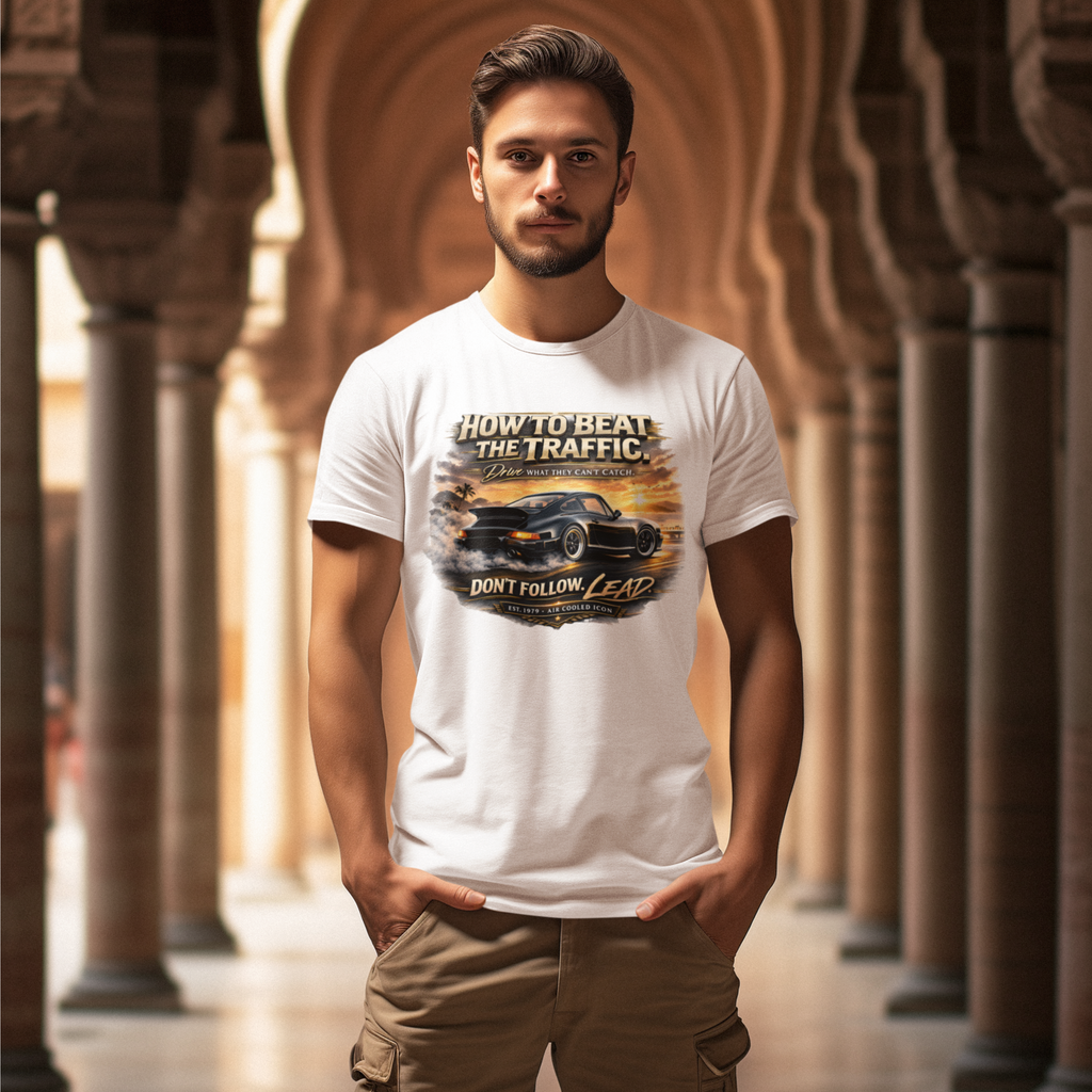 Man wearing a white t-shirt with a classic car graphic design in an arched hallway