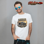 Man wearing a white t-shirt with a classic car graphic design and sunglasses, Healey Threads logo in the corner.