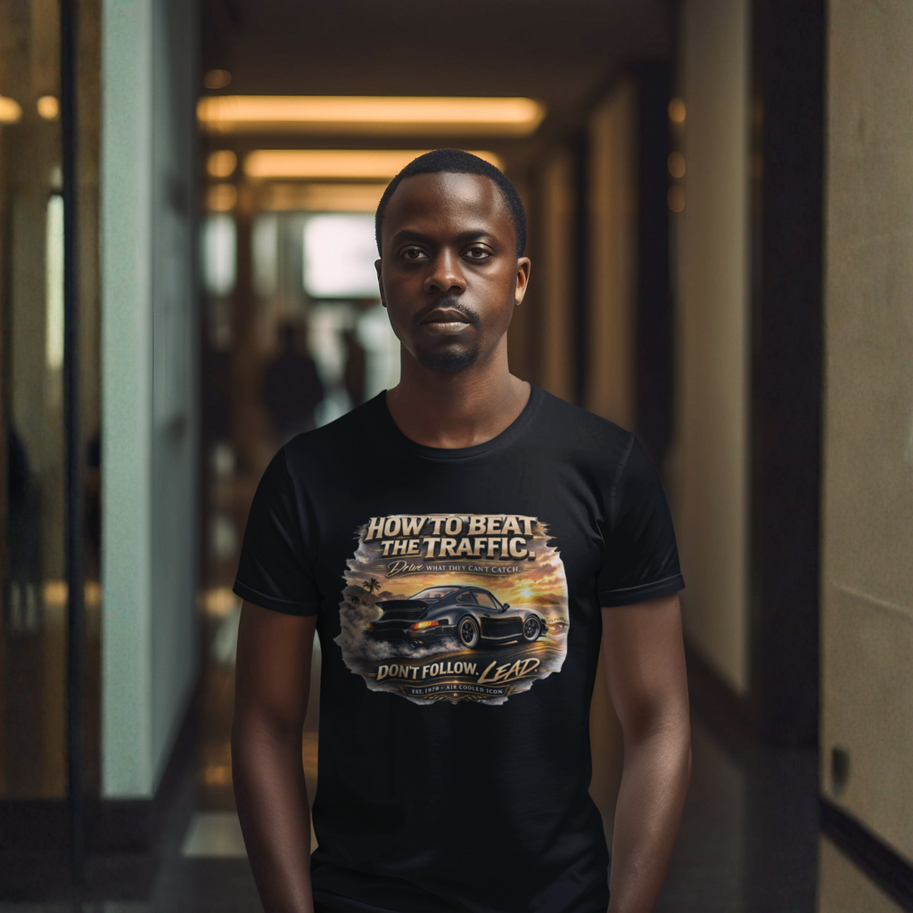 Man wearing a black t-shirt with a classic car graphic design and text in an indoor setting