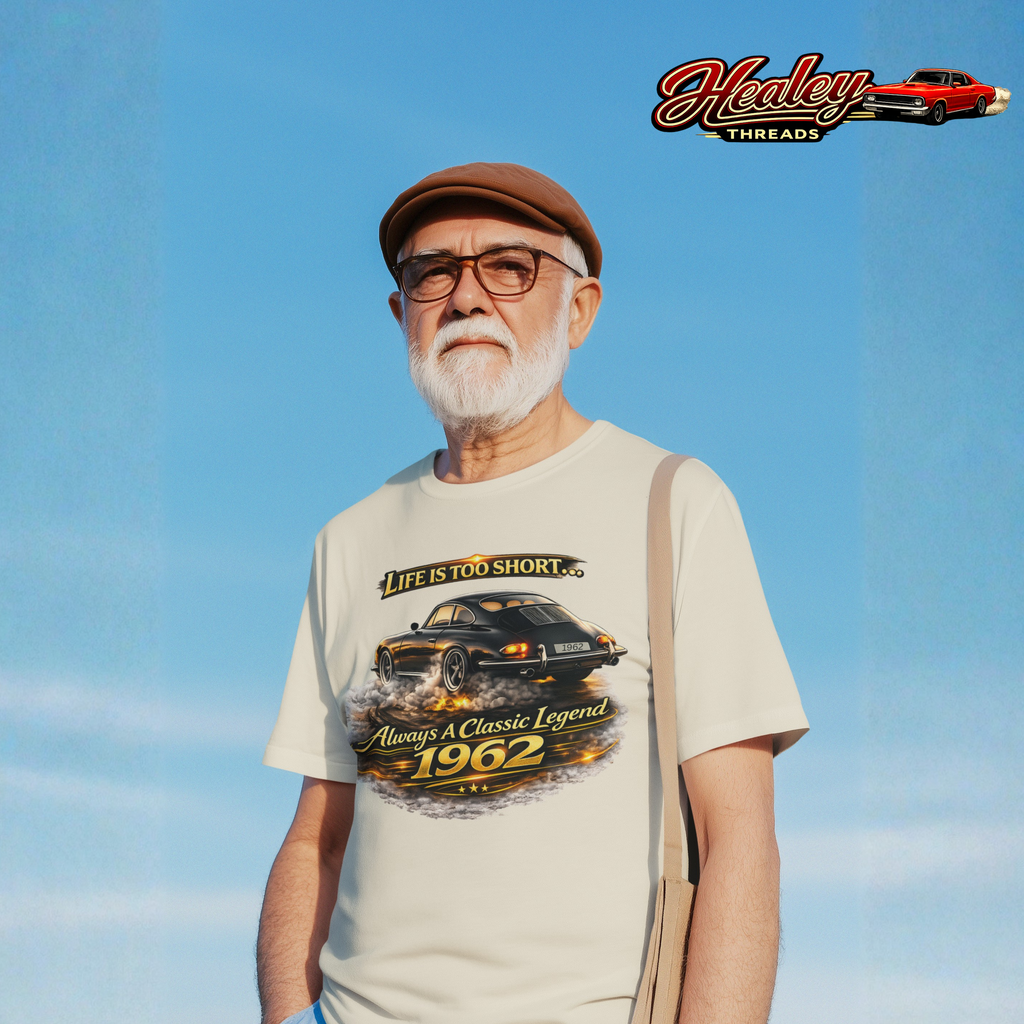 Man wearing a white t-shirt with a classic car graphic and text against a blue sky, with 'Healey Threads' logo.