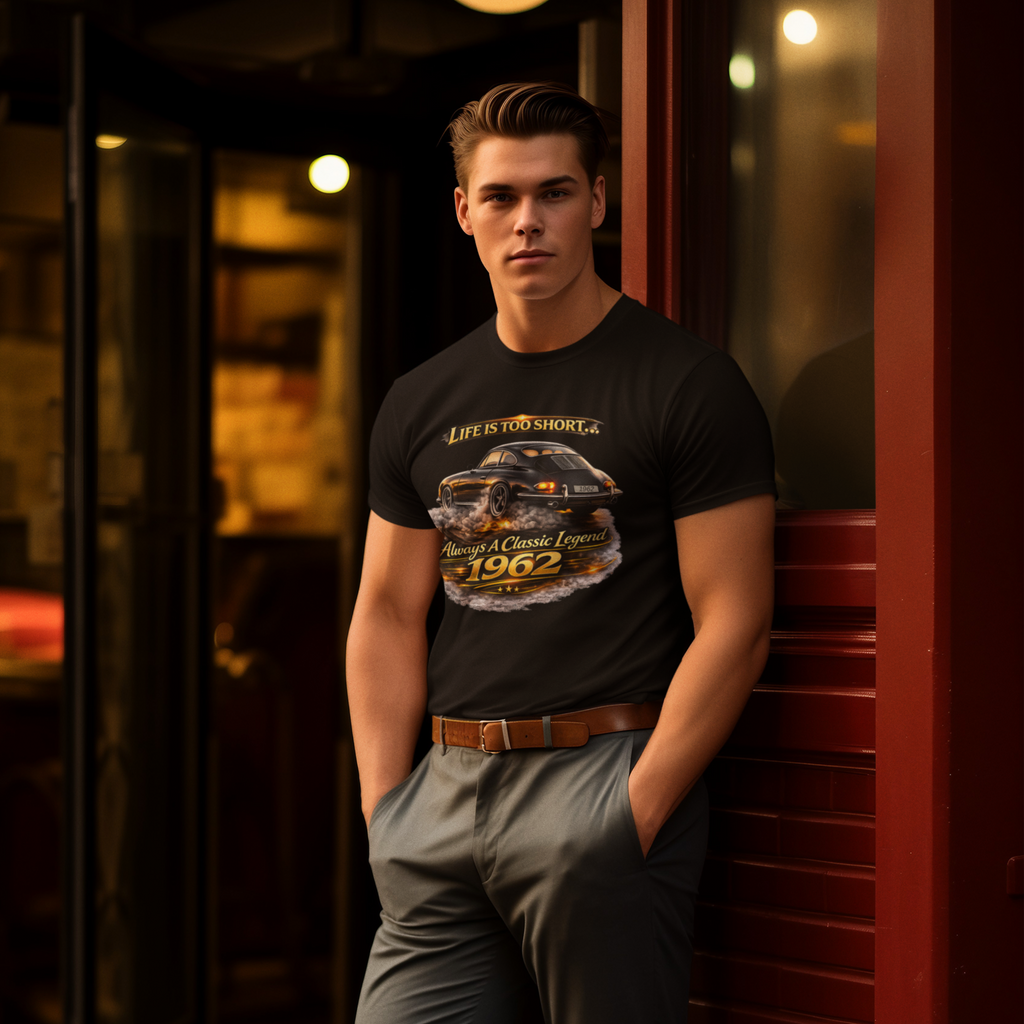 Man wearing a black t-shirt with a classic car graphic design, standing against a dark background.