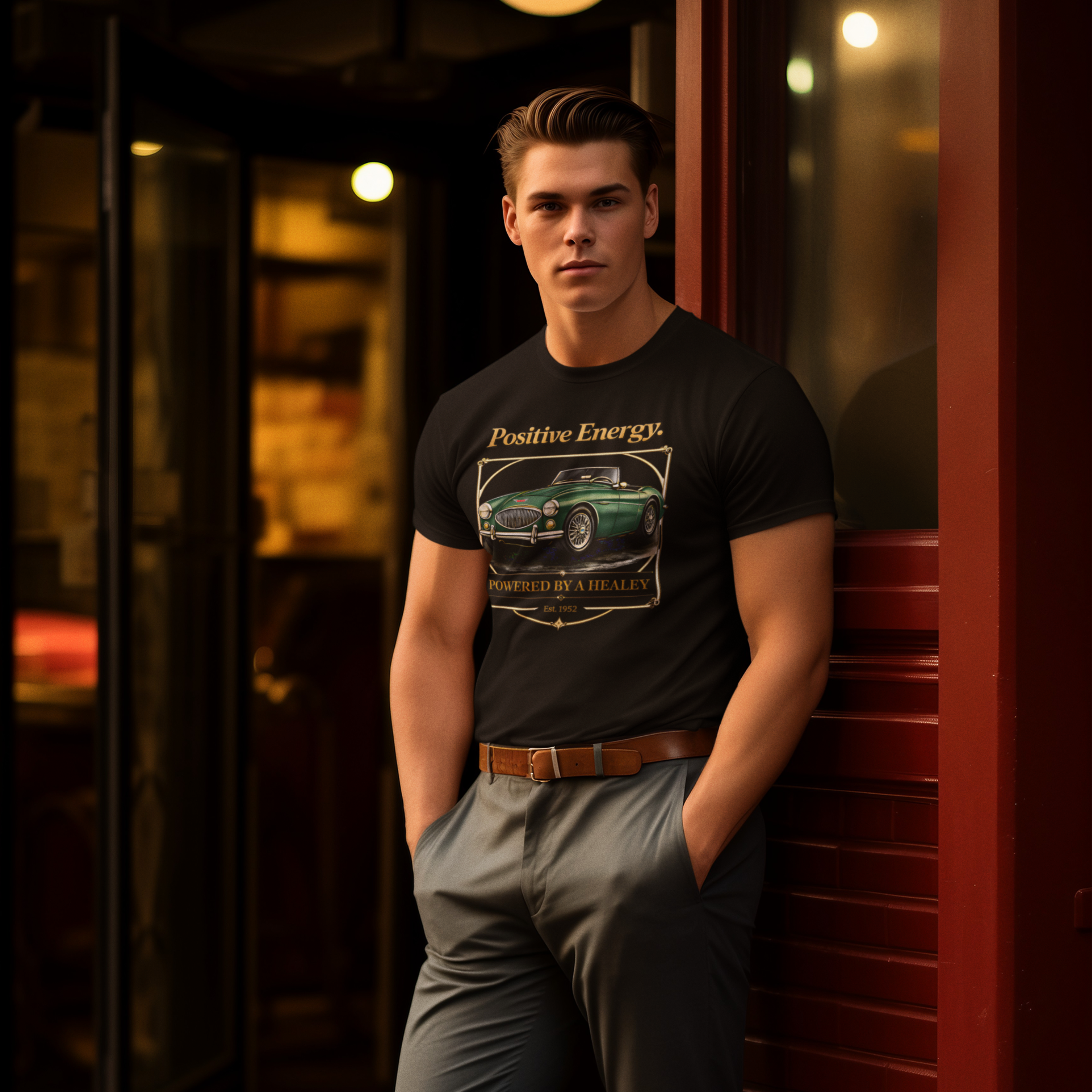 Man wearing a black t-shirt with a graphic classic car design, standing against a dark background.