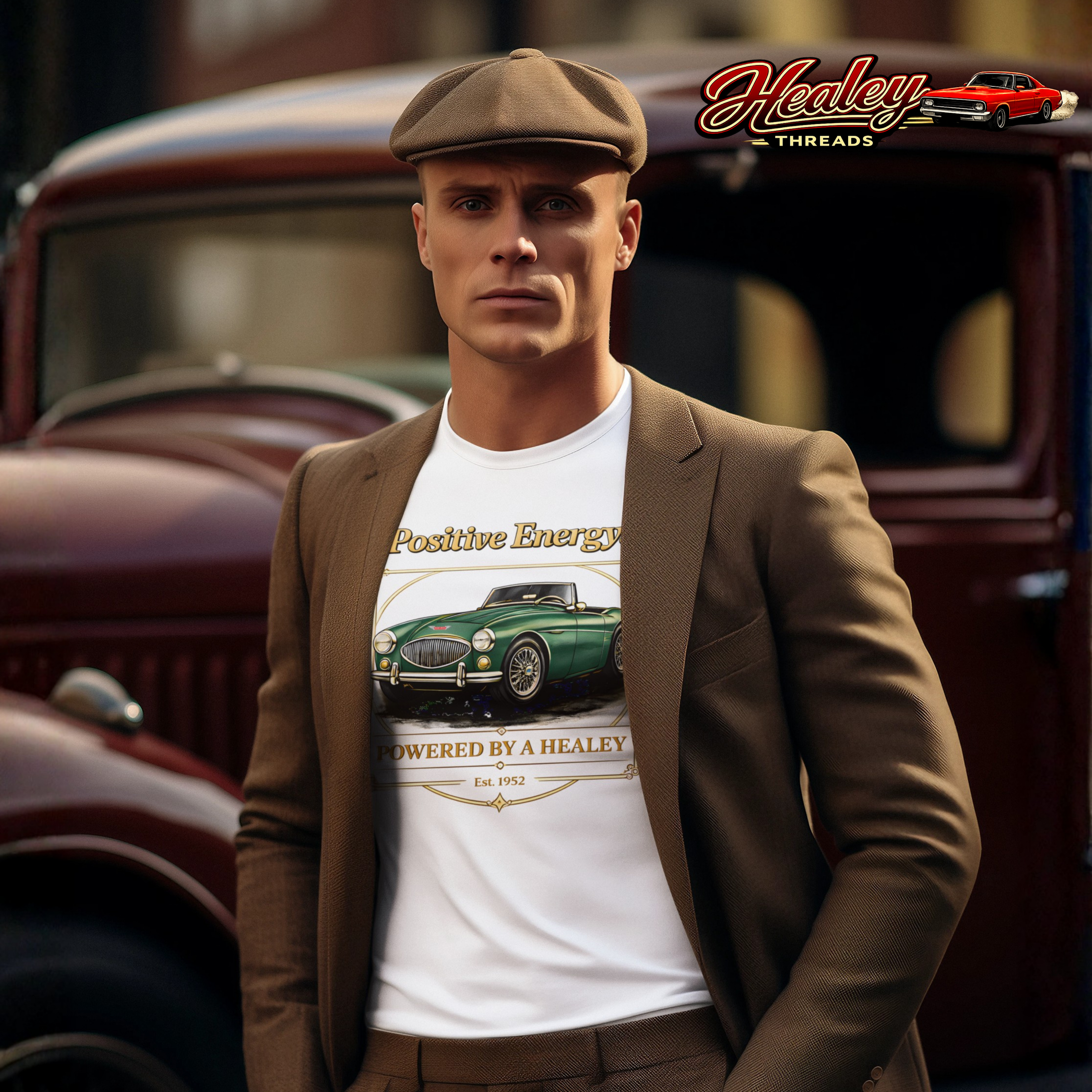 Man wearing a 'Positive Energy' white t-shirt with a classic car graphic, standing in front of vintage cars, with 'Healey Threads' logo.