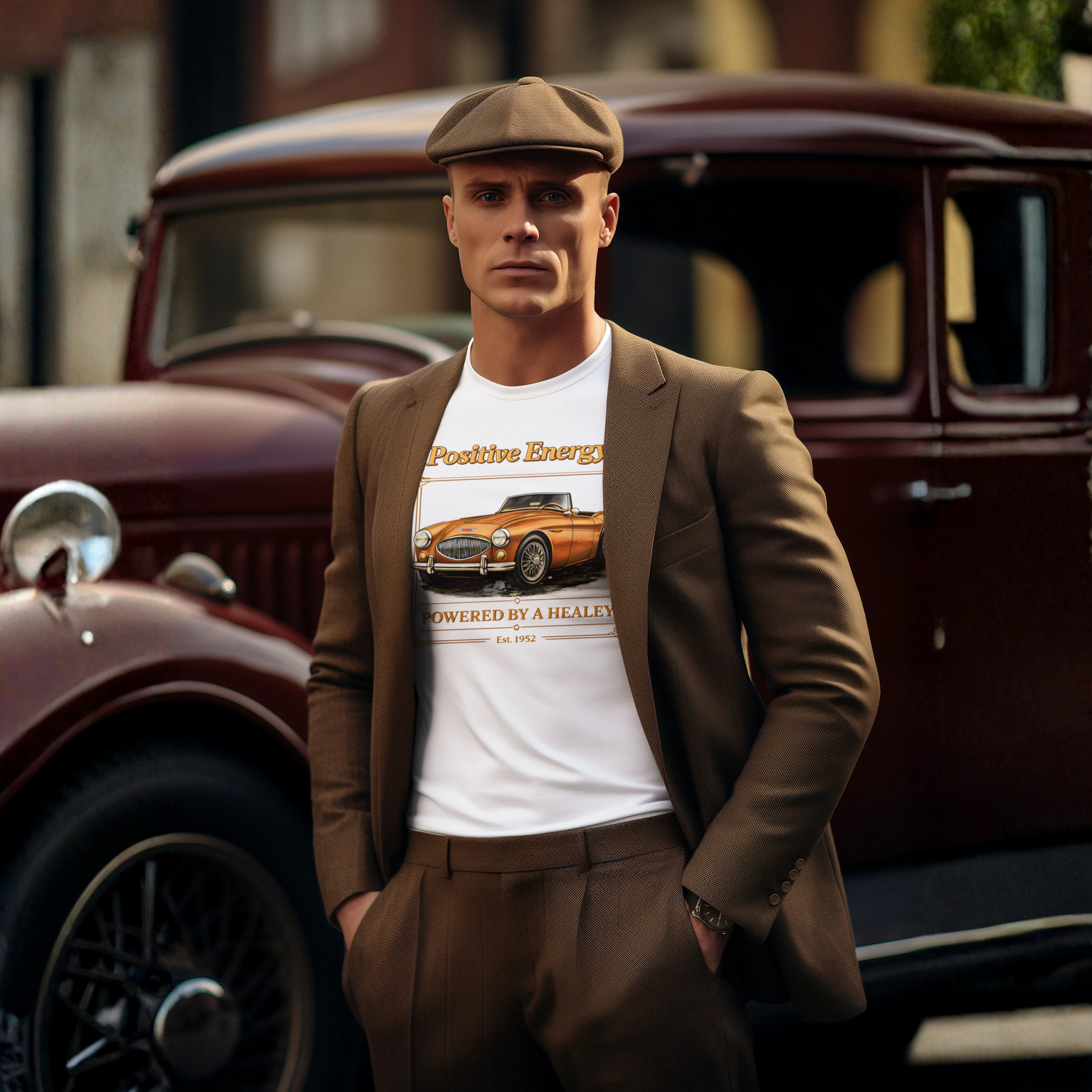 Man in a suit and flat cap standing in front of an old car, wearing a white t-shirt with a vintage car graphic.