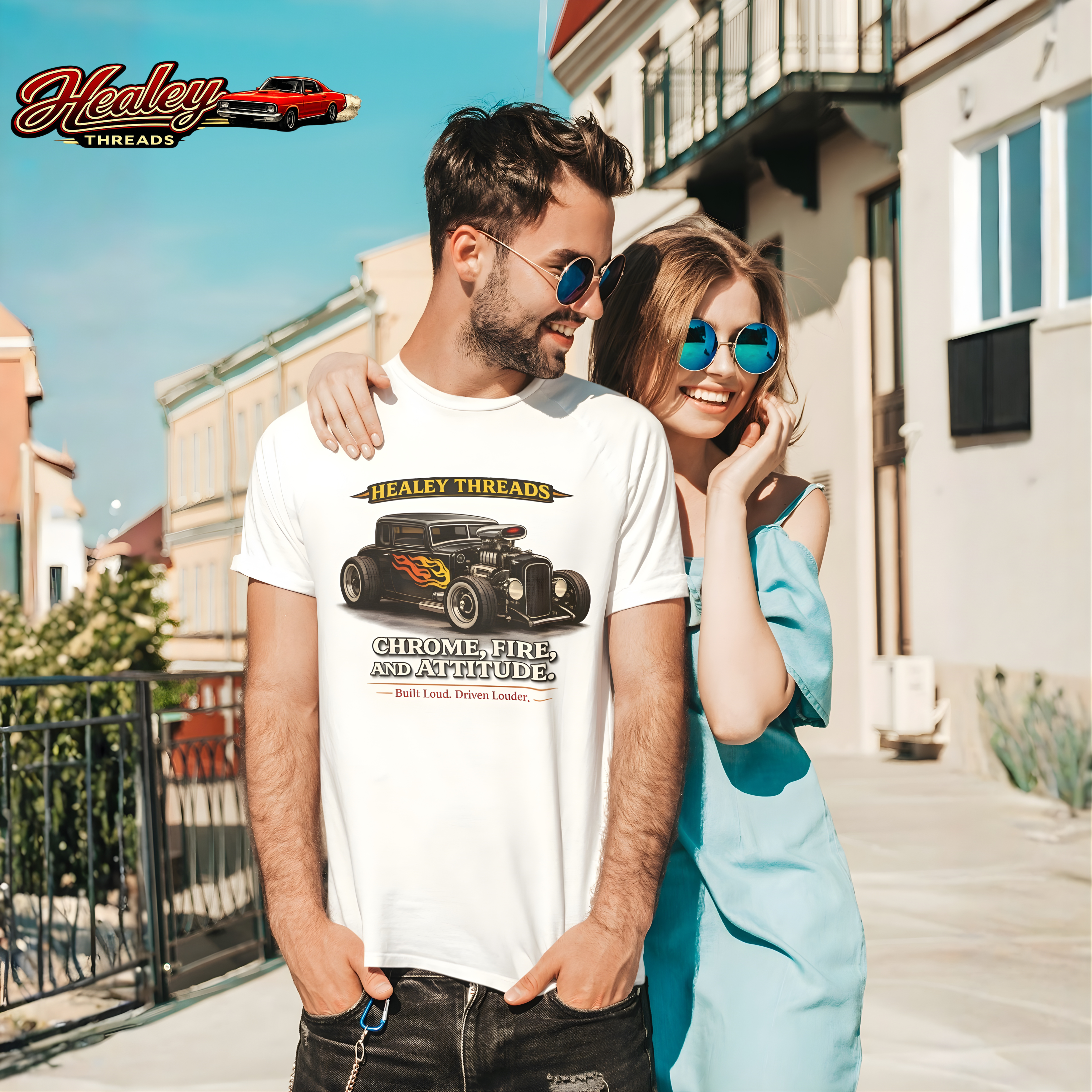 Man wearing a white t-shirt with a hot rod car graphic and text, standing next to a woman on a sunny street.