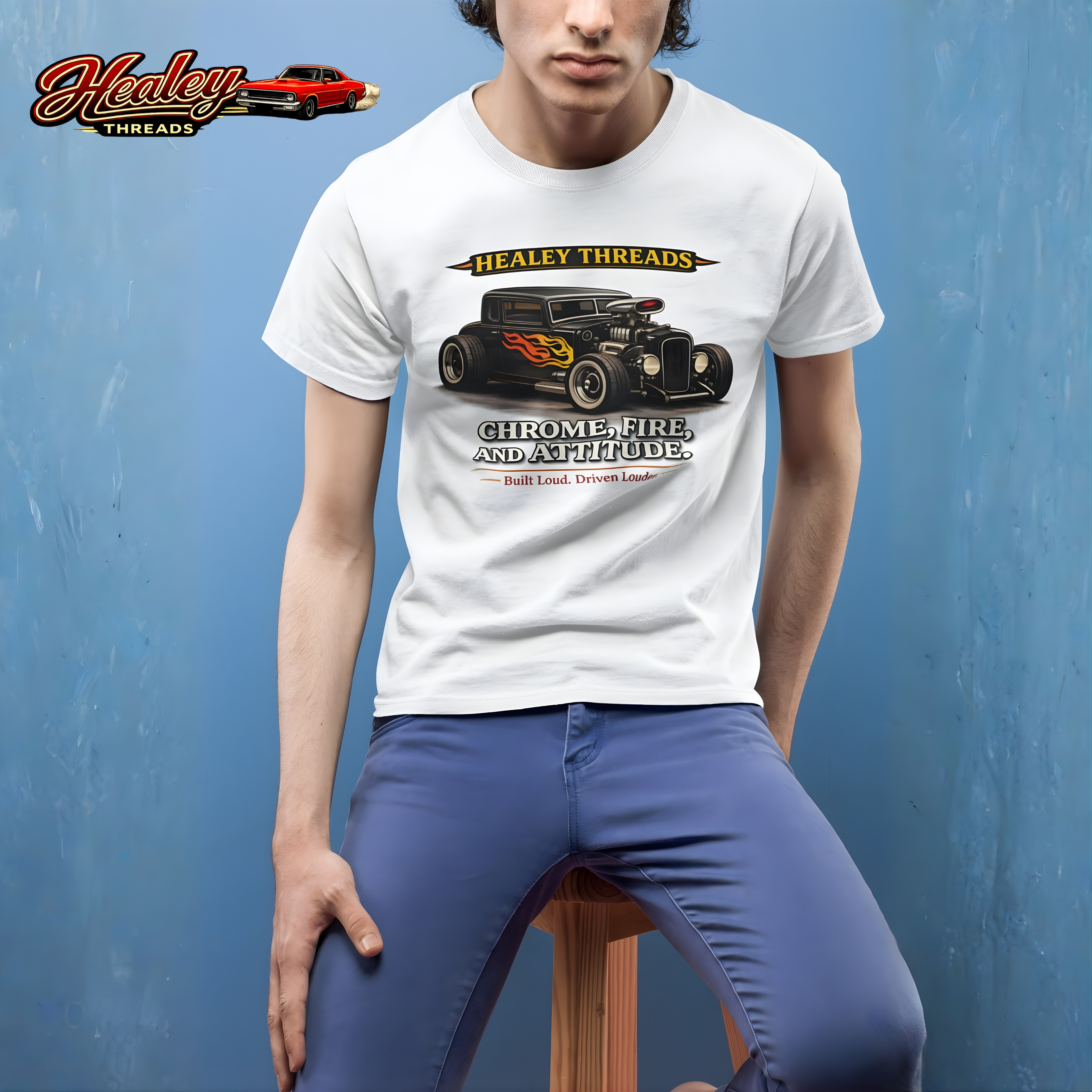 Person wearing a white t-shirt with a hot rod car graphic and 'Healey Threads' branding on a blue background.