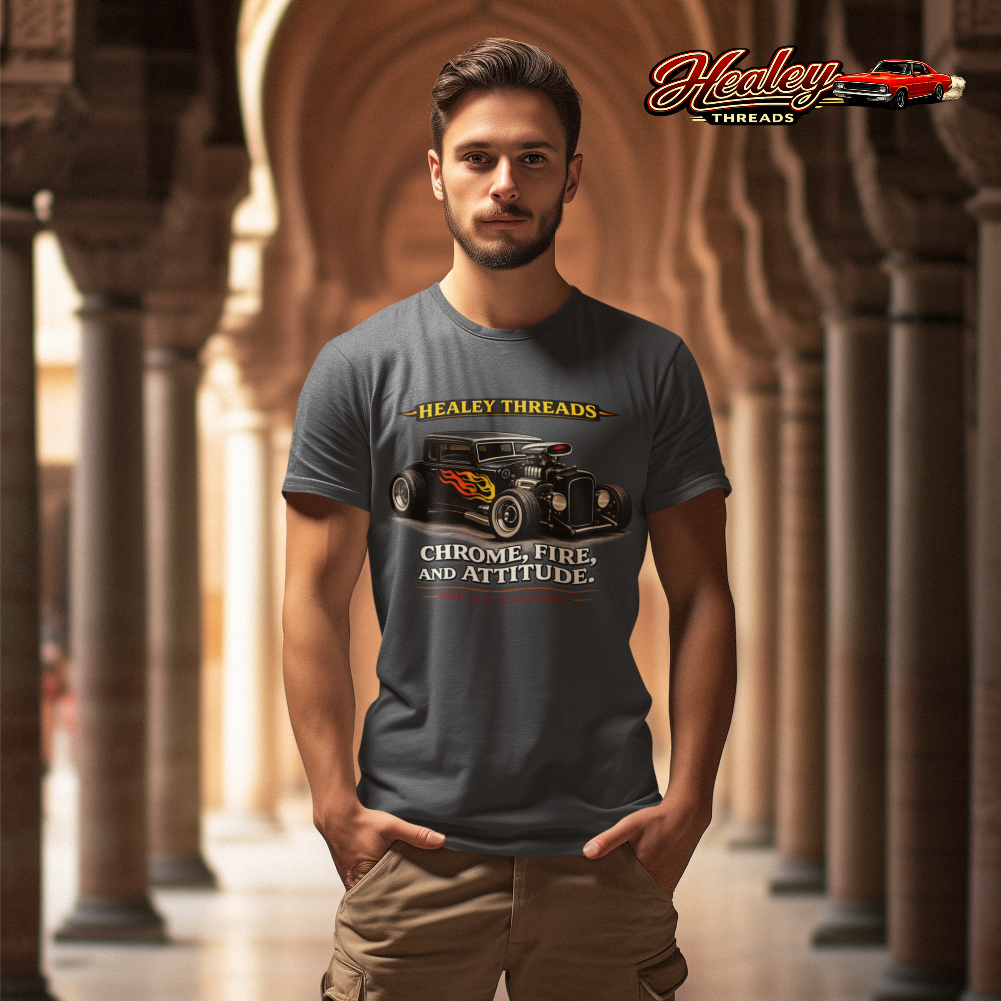Man wearing a gray t-shirt with a hot rod car graphic and text, standing in an archway.