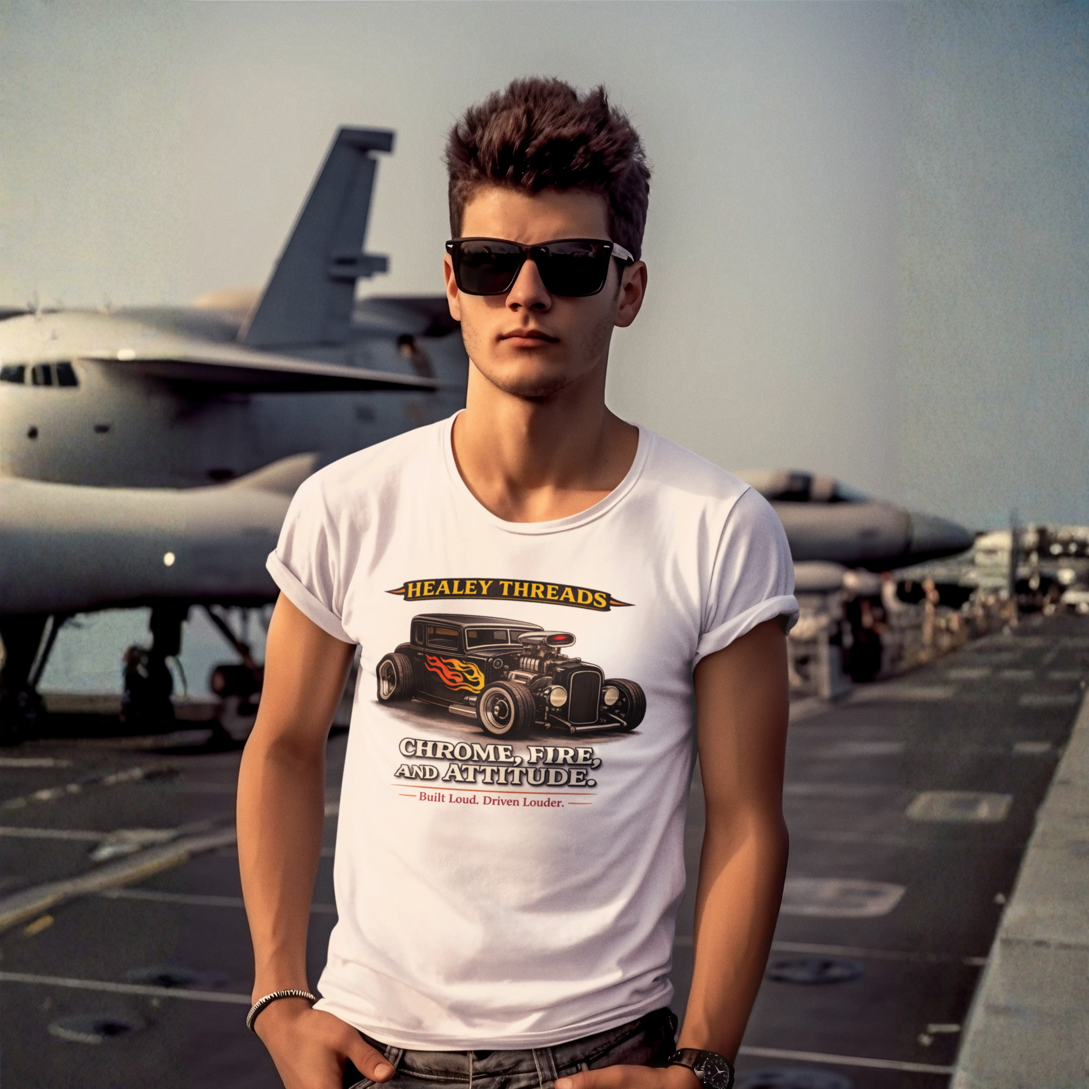 Man wearing a white t-shirt with a graphic hot rod car design on an aircraft carrier